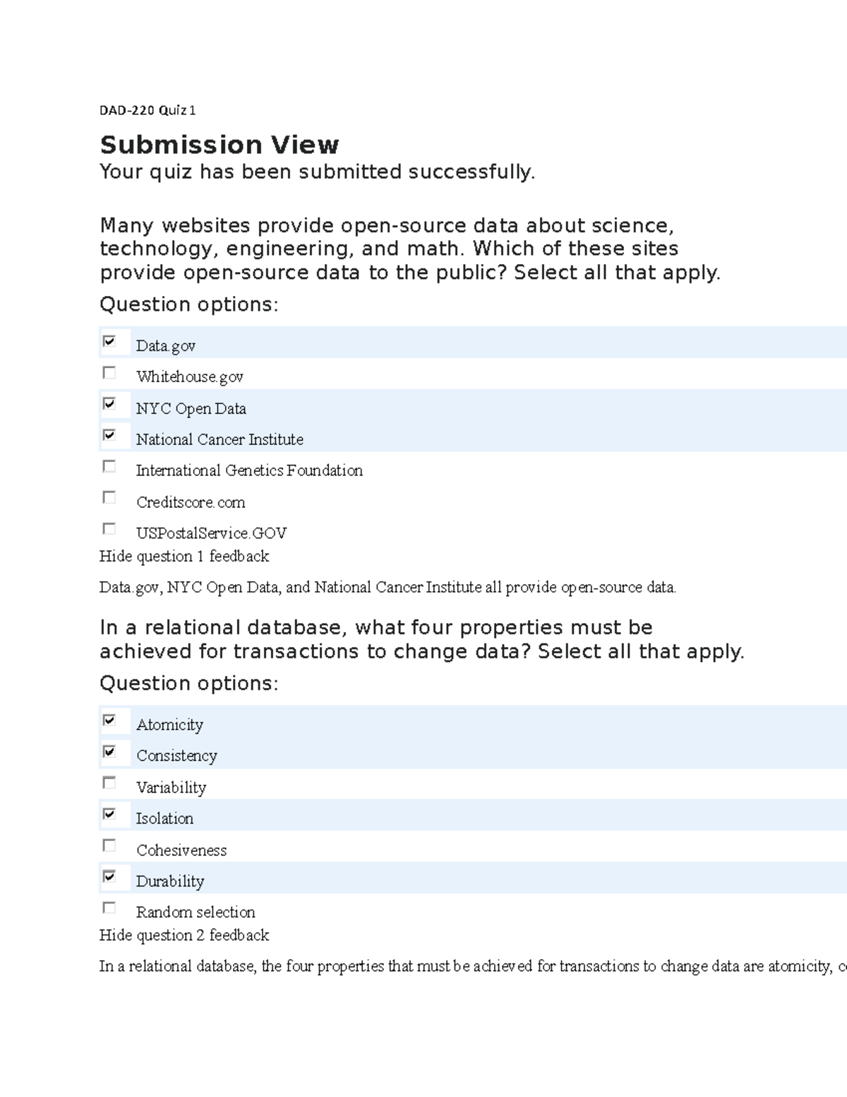 Dad-220 quiz 1 - QUIZ 1 - DAD-220 Quiz 1 Submission View Your quiz has ...