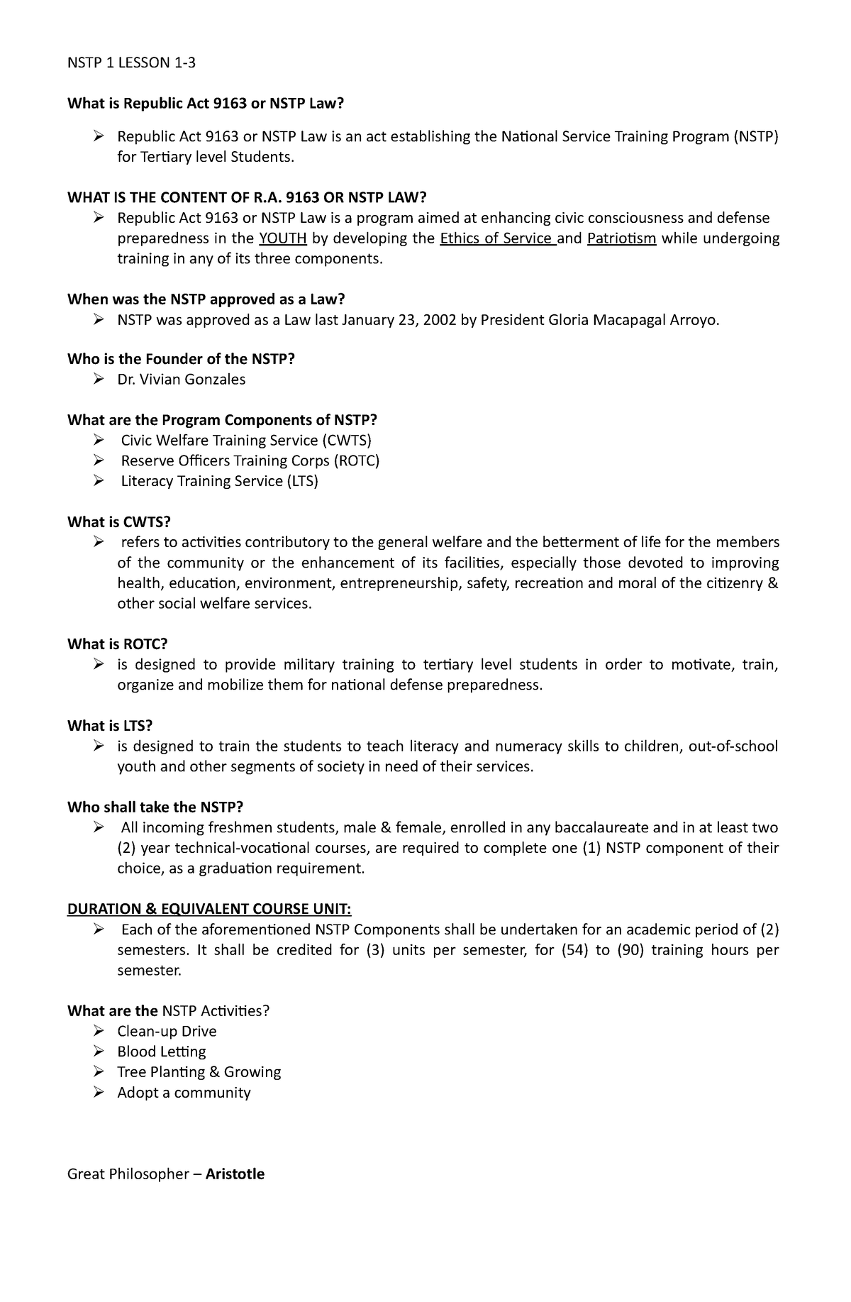 I. Lesson 1-3 NSTP - NSTP 1 LESSON 1- What Is Republic Act 9163 Or NSTP ...