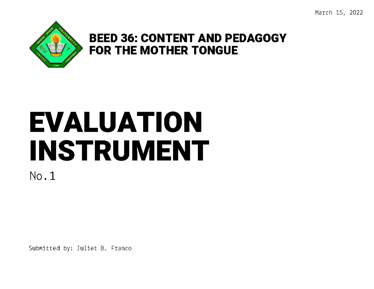 Evaluation Instrument 1 - BEED 36: CONTENT AND PEDAGOGY FOR THE MOTHER ...