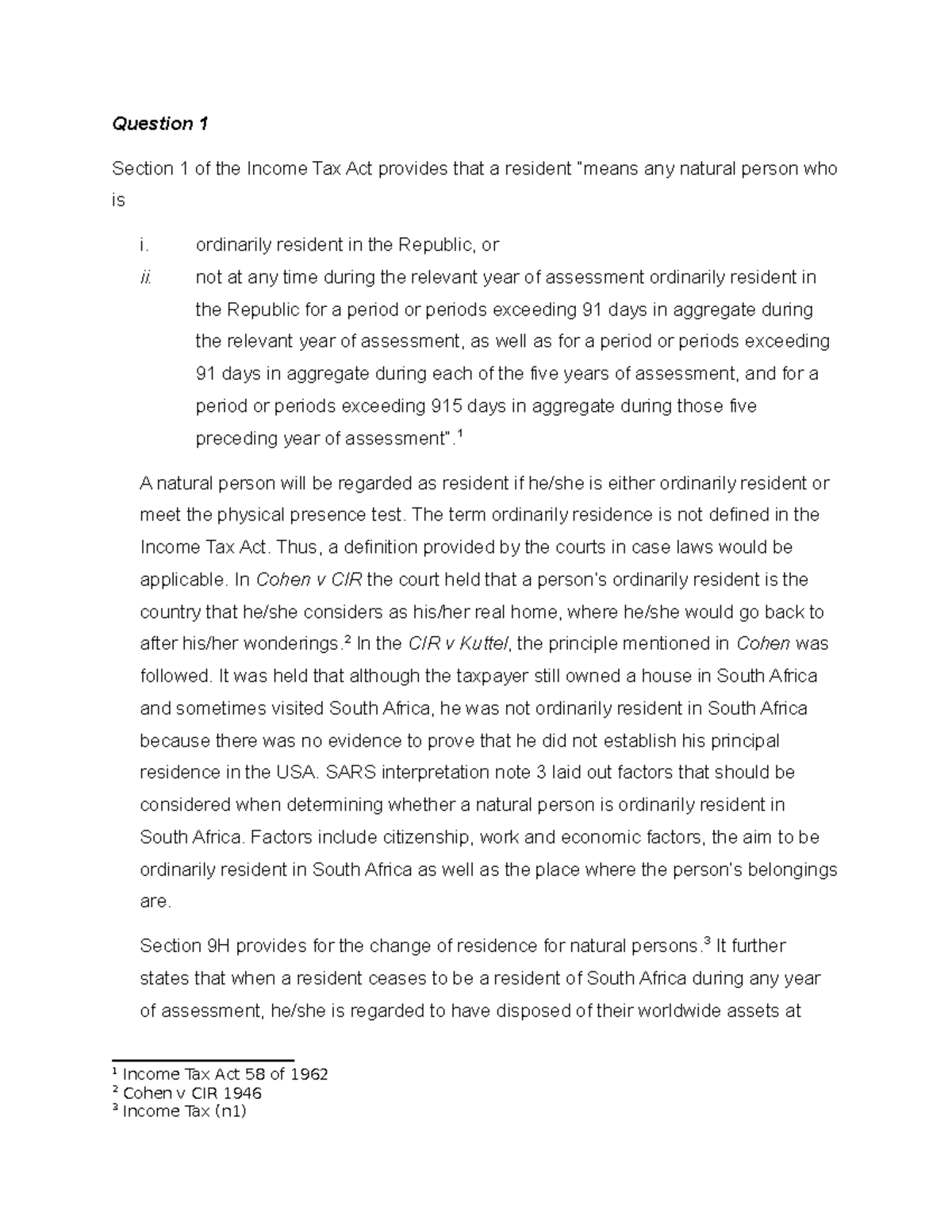 Tax Exam Question 1 Section 1 Of The Income Tax Act Provides That A Resident Means Any Tax Exam Question 1 Section 1 Of The Income Tax Act Provides That A Resident Means Any