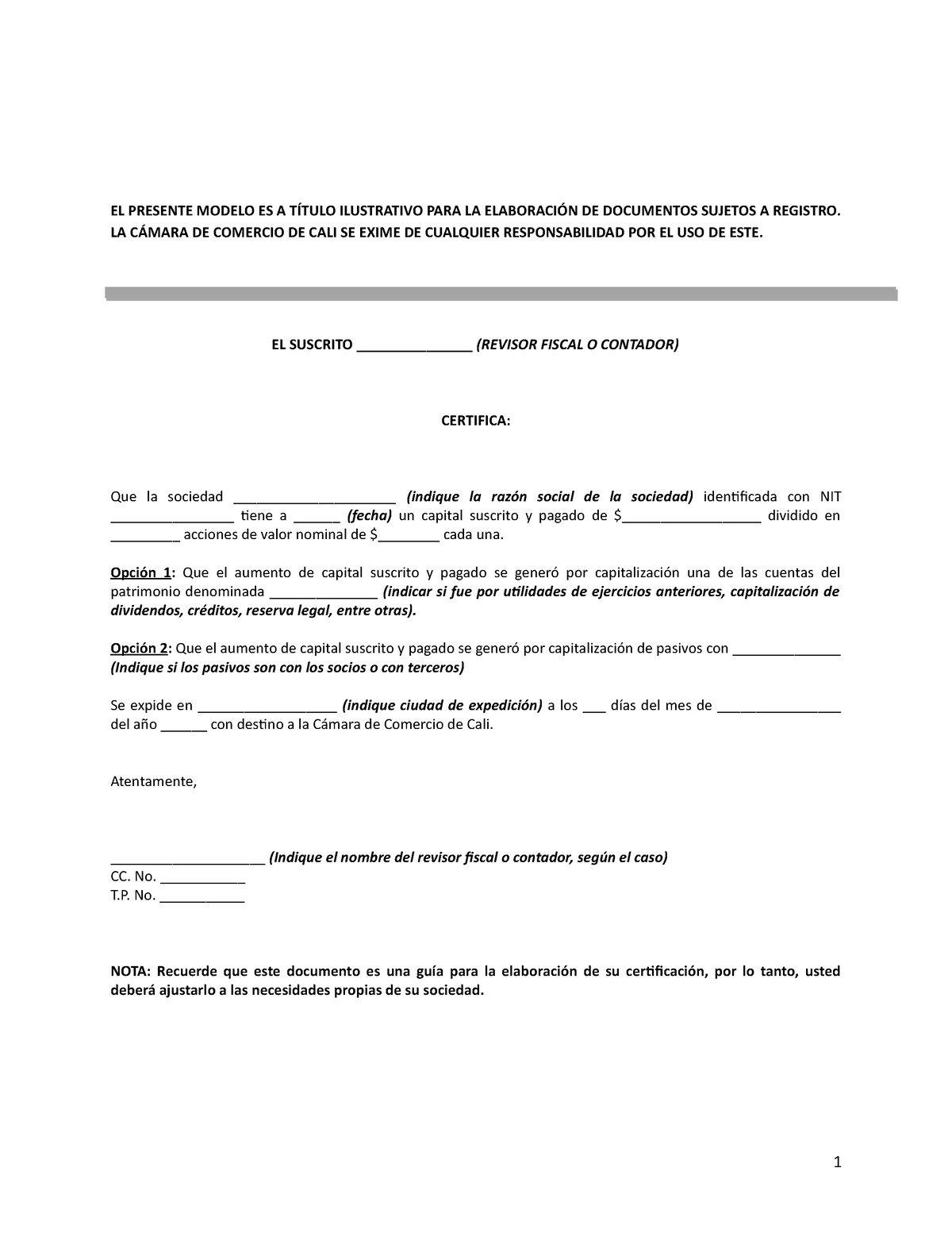 Modelo Certificación De Aumento De Capital Suscrito Y Pagado Por