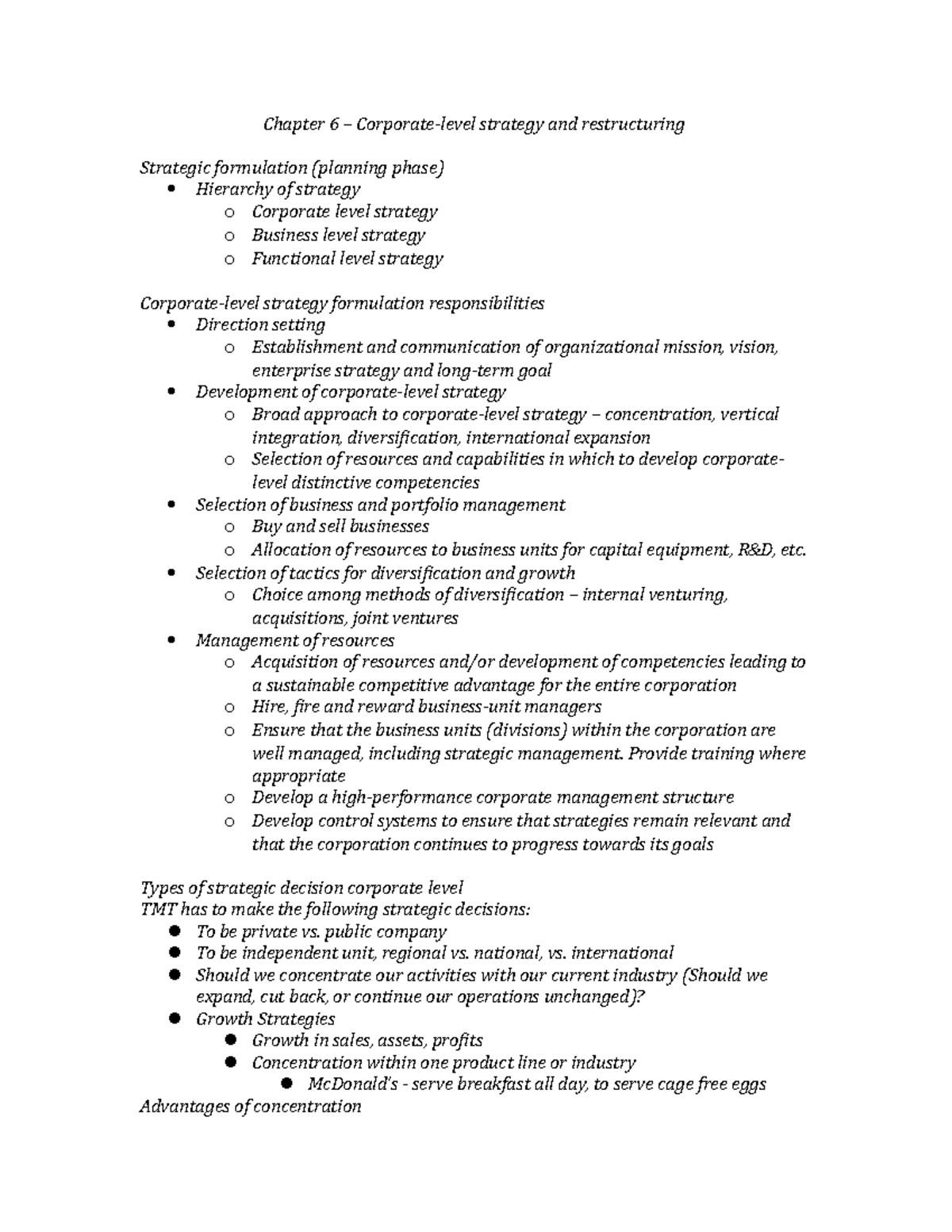 Chapter 6 - Chapter 6 strategy and restructuring Strategic formulation ...