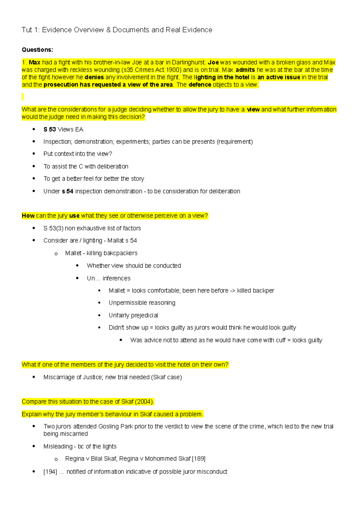 Evidence tut 1 - tut 1 notes - Tut 1: Evidence Overview & Documents and ...