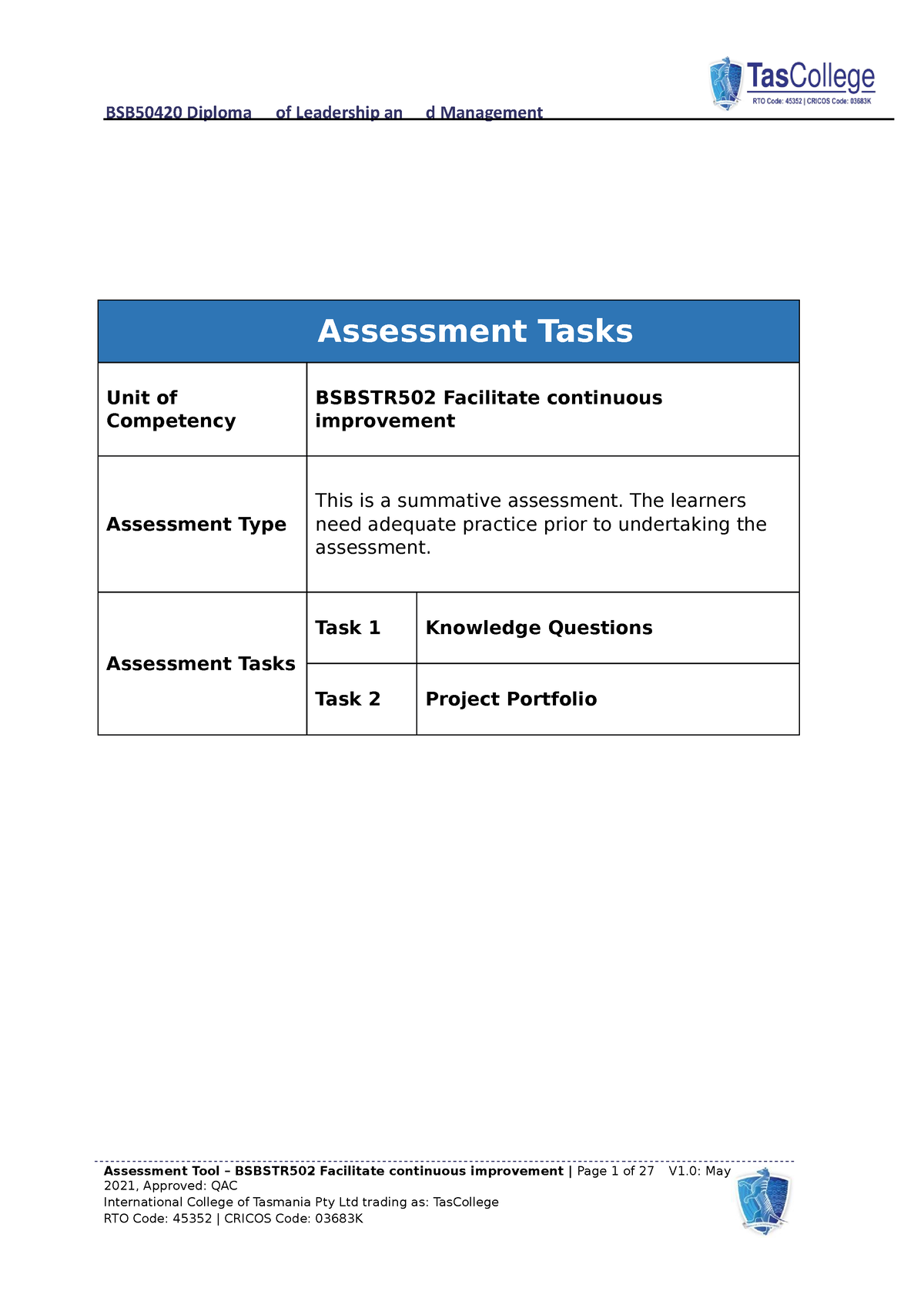 Bsbstr 502 V1.0 Assessment Tool - Assessment Tasks Unit Of Competency ...