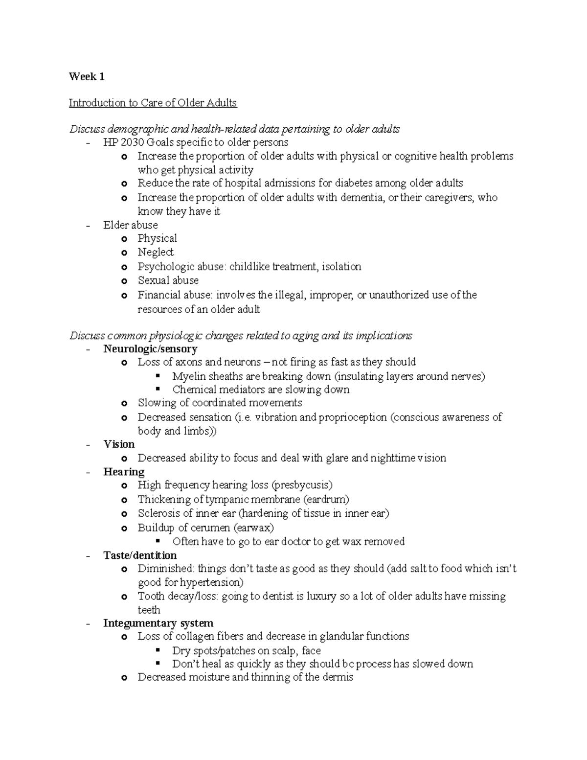AEI Exam 1 Study Guide - Week 1 Introduction to Care of Older Adults ...