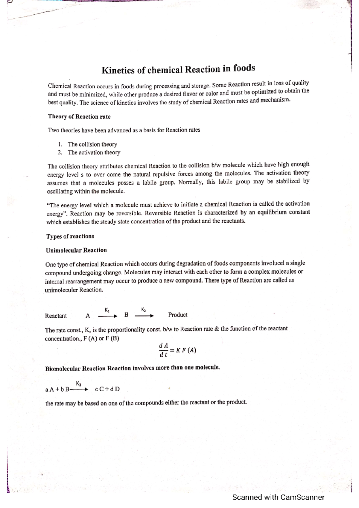 Kinetics of Chemical Rxn in Food - biotechnology - Studocu