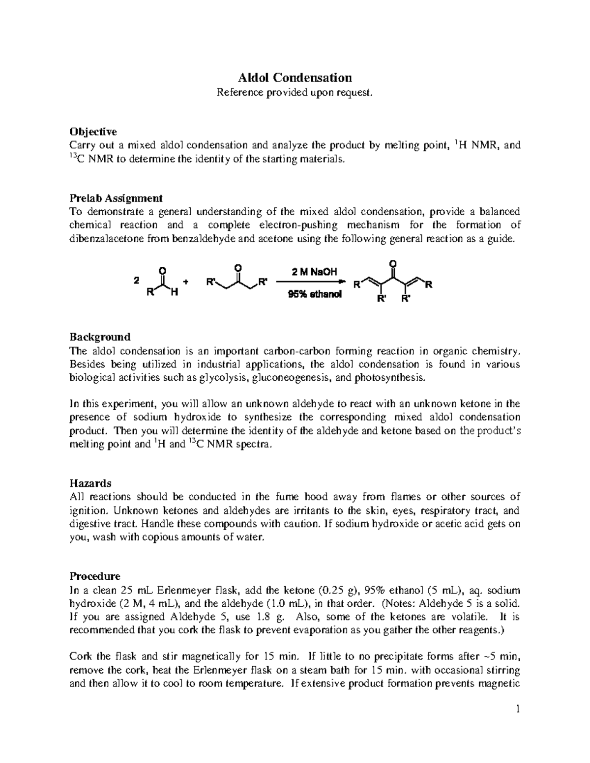 Organic Chemistry II Lab 6 (Aldol) Materials - Aldol Condensation ...