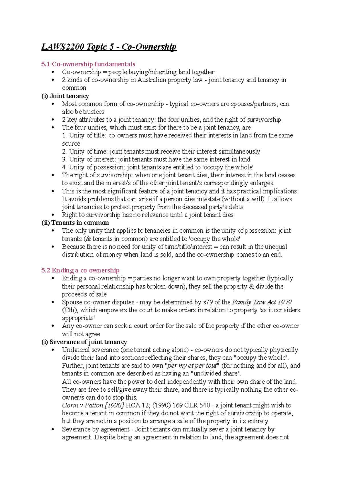 LAWS2200 Topic 5 - Co-ownership Notes - LAWS2200 Topic 5 - Co-Ownership ...