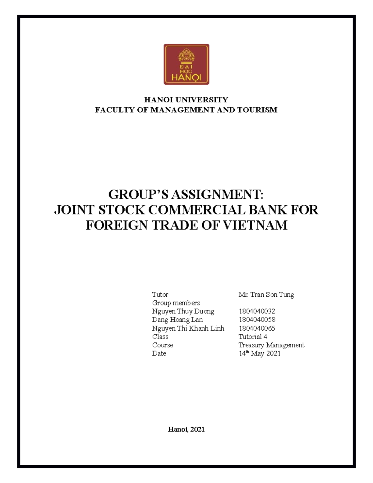 TJOINT STOCK COMMERCIAL BANK FOR FOREIGN TRADE OF VIETNAM - HANOI ...