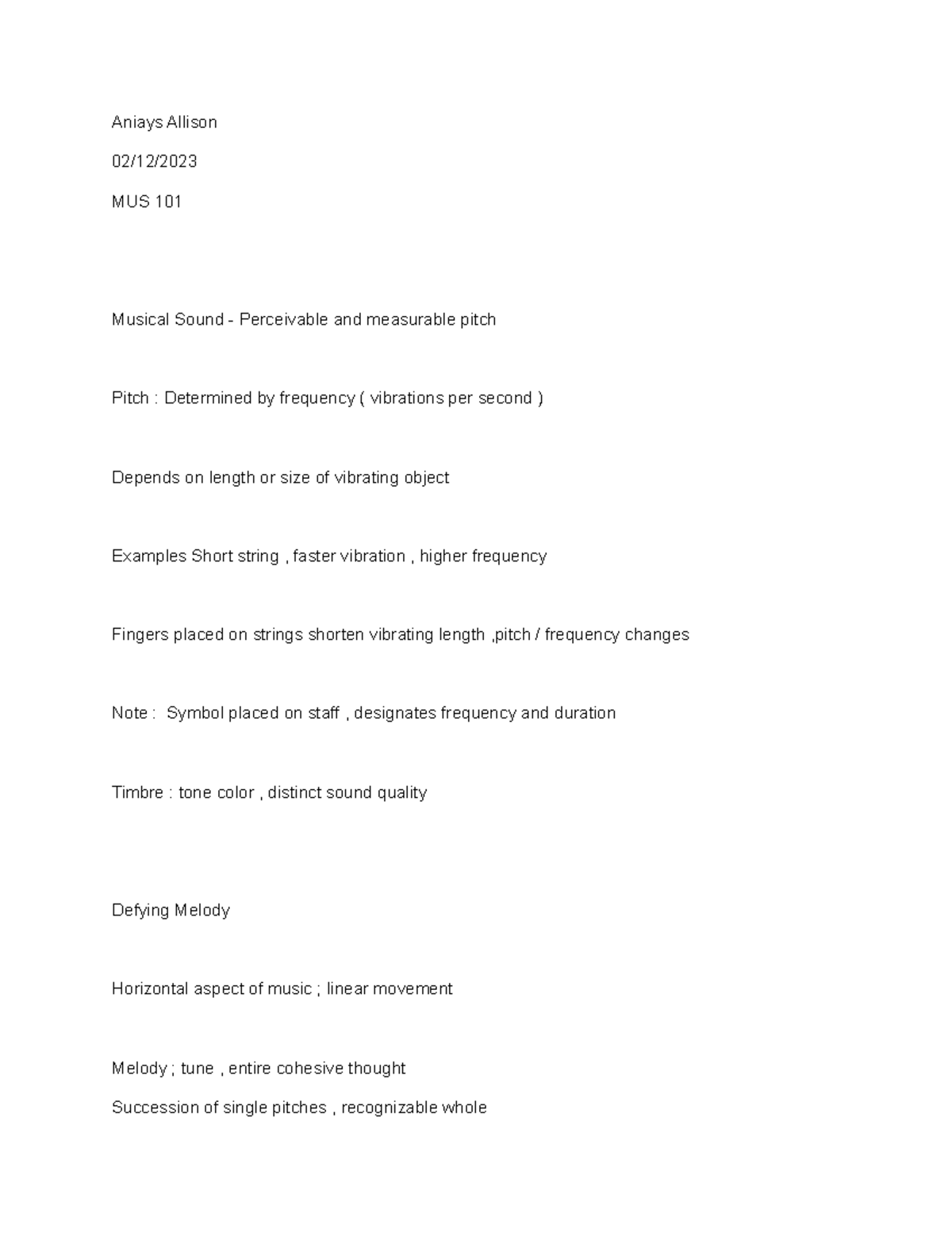MUS 101 Chapter 1 Notes Aniays Allison 02/12/2023MUS 101 Musical