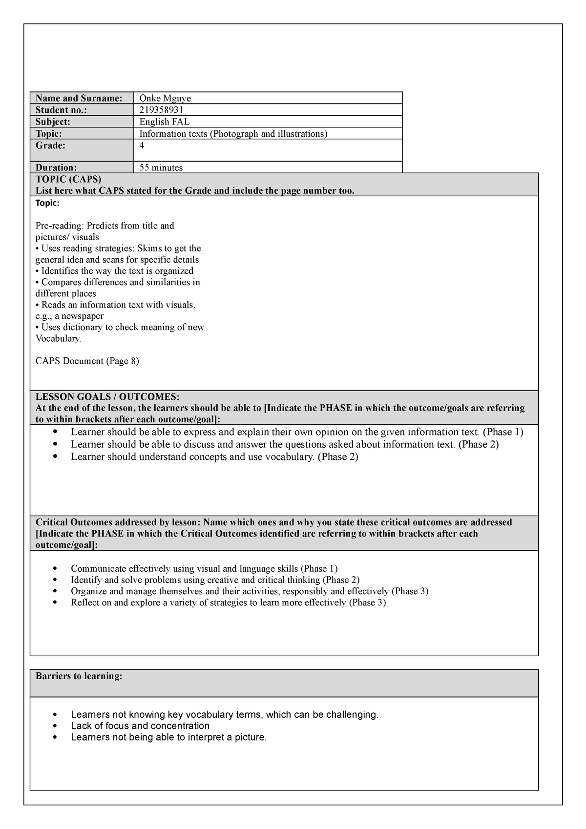 English Grade 4 Lesson plan - Name and Surname: Onke Mguye Student no ...