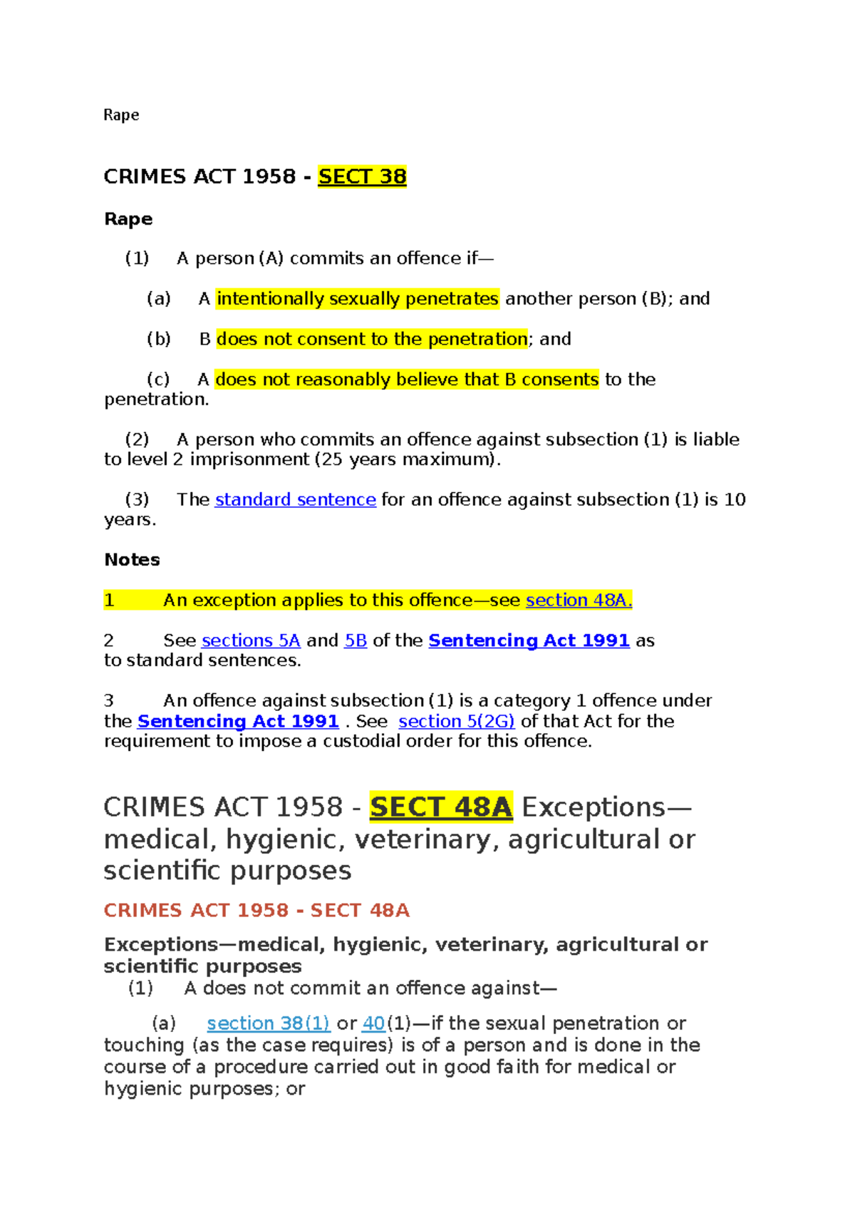 Criminal Law Lecture Summary Sexual Offences - Rape ####### CRIMES ACT ...