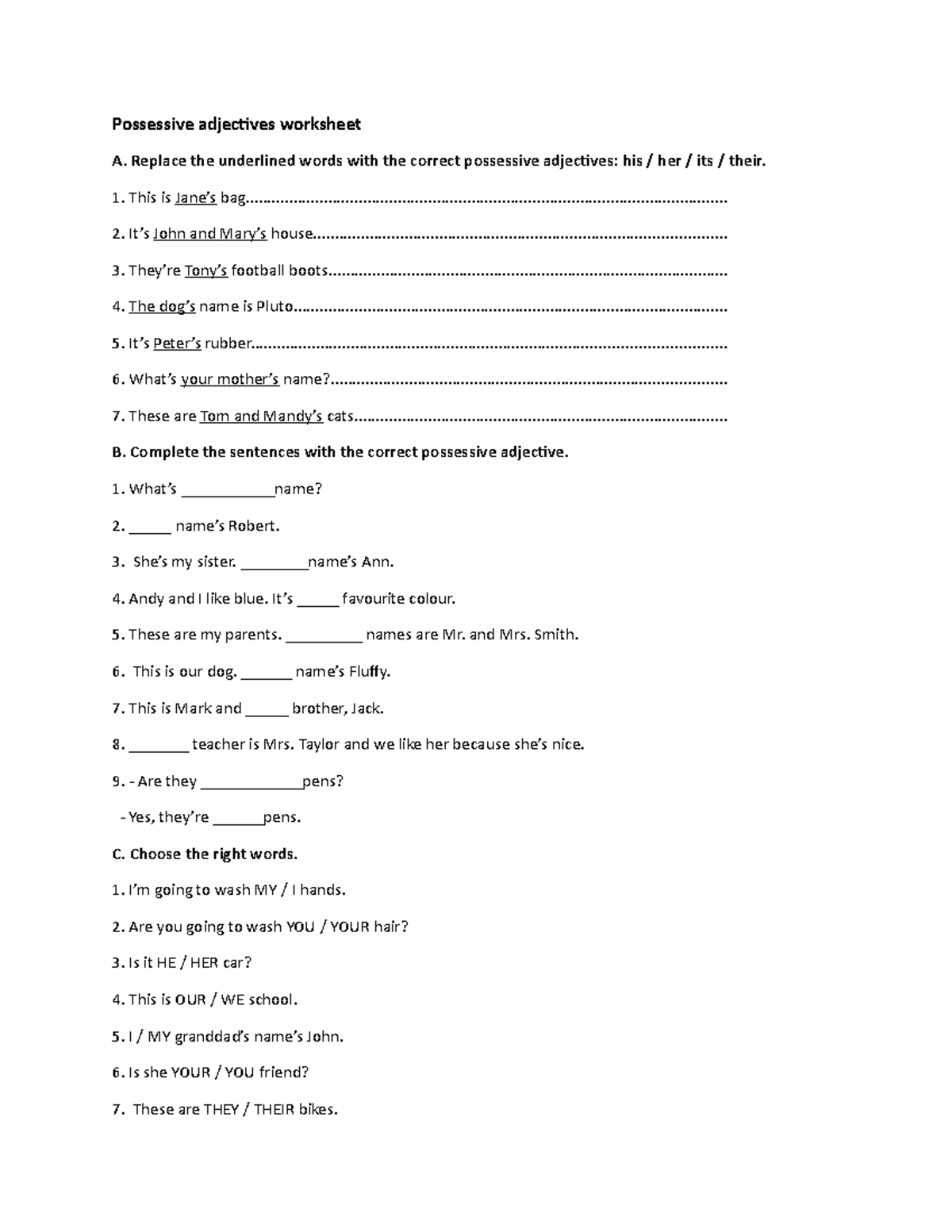 possessive-adjectives-worksheet-replace-the-underlined-words-with-the