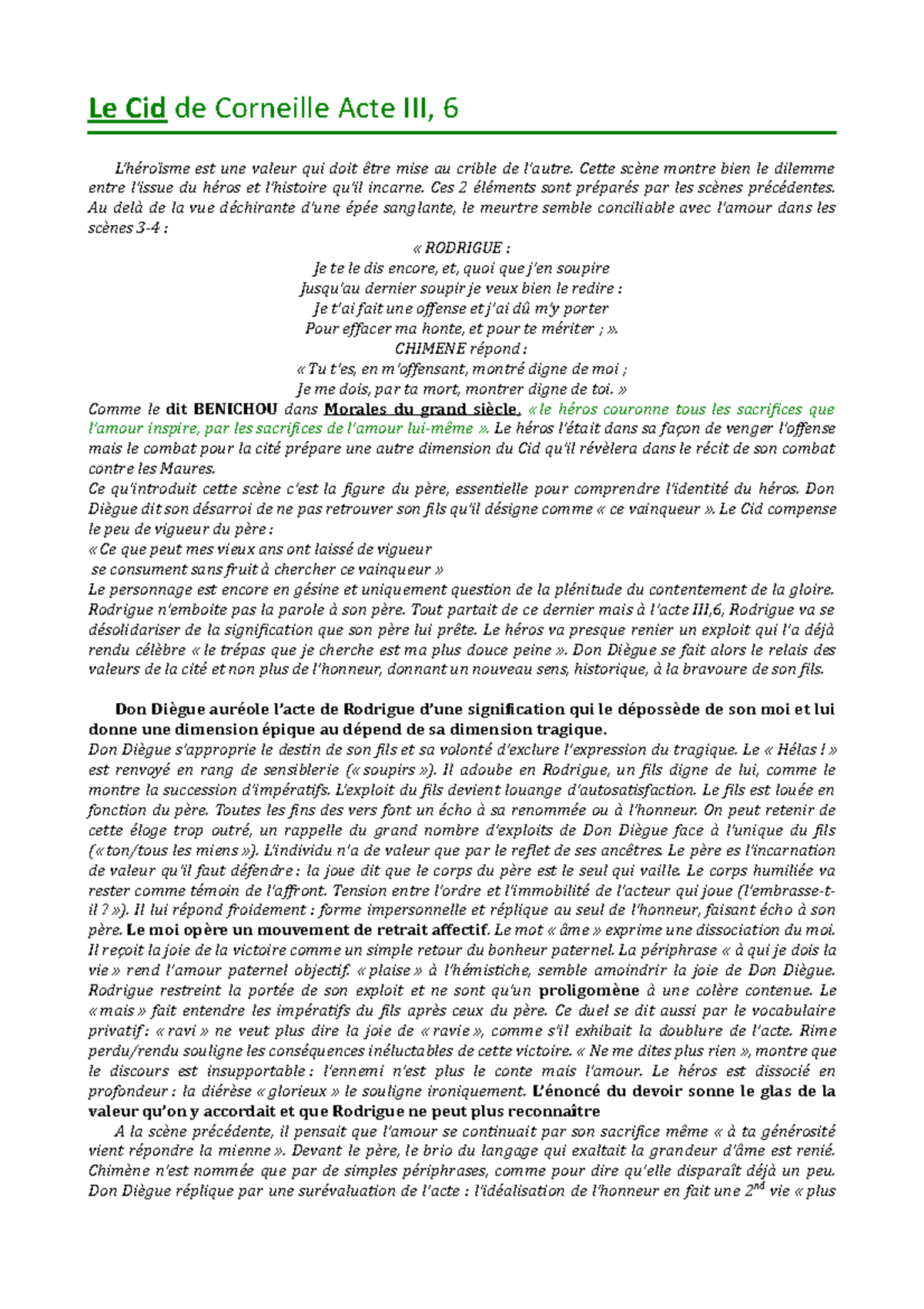 Fiche - Corneille, Le Cid, Acte III - Le Cid de Corneille Acte III, 6 L ...