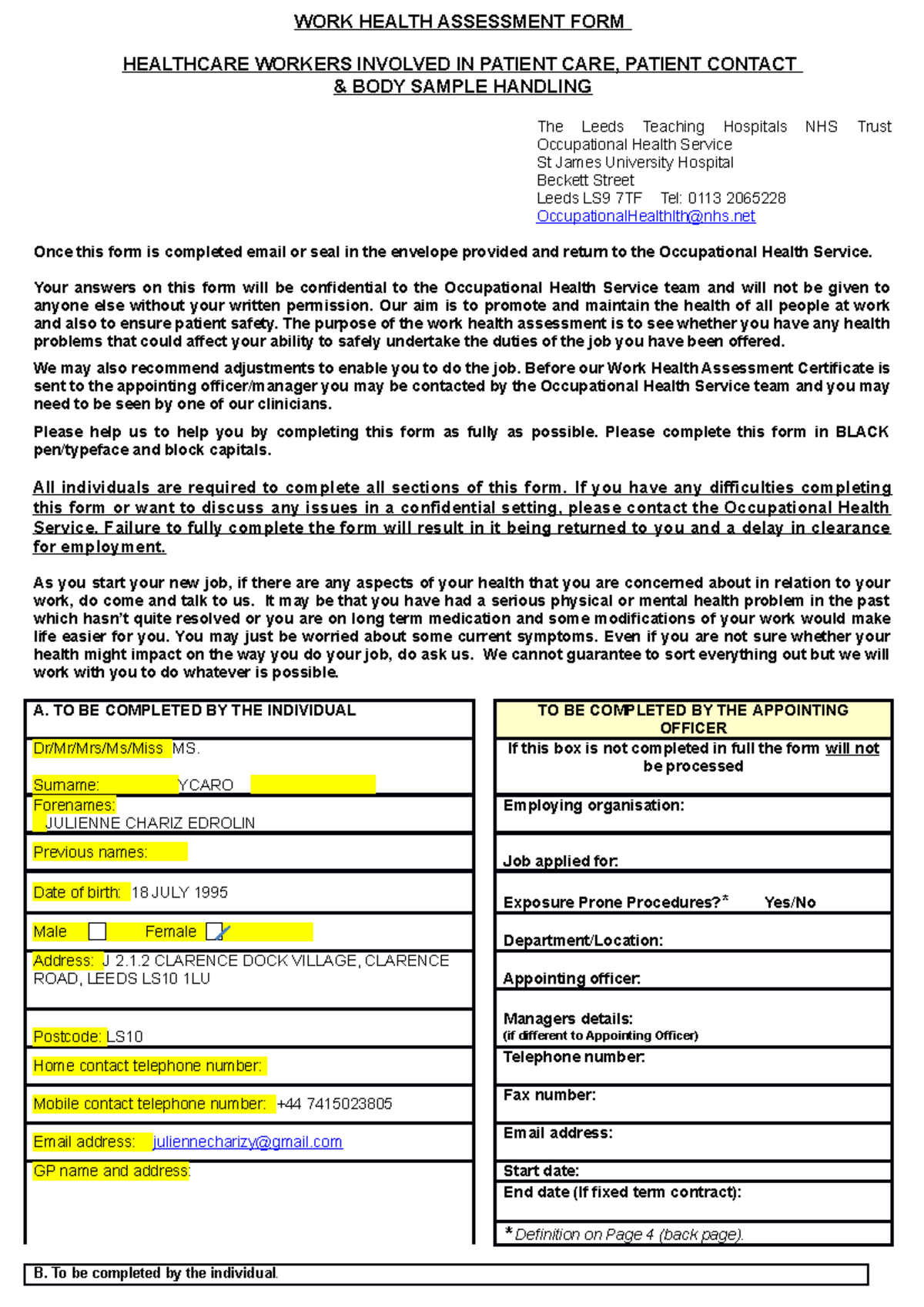 7 Occupational Health Form WORK HEALTH ASSESSMENT FORM HEALTHCARE