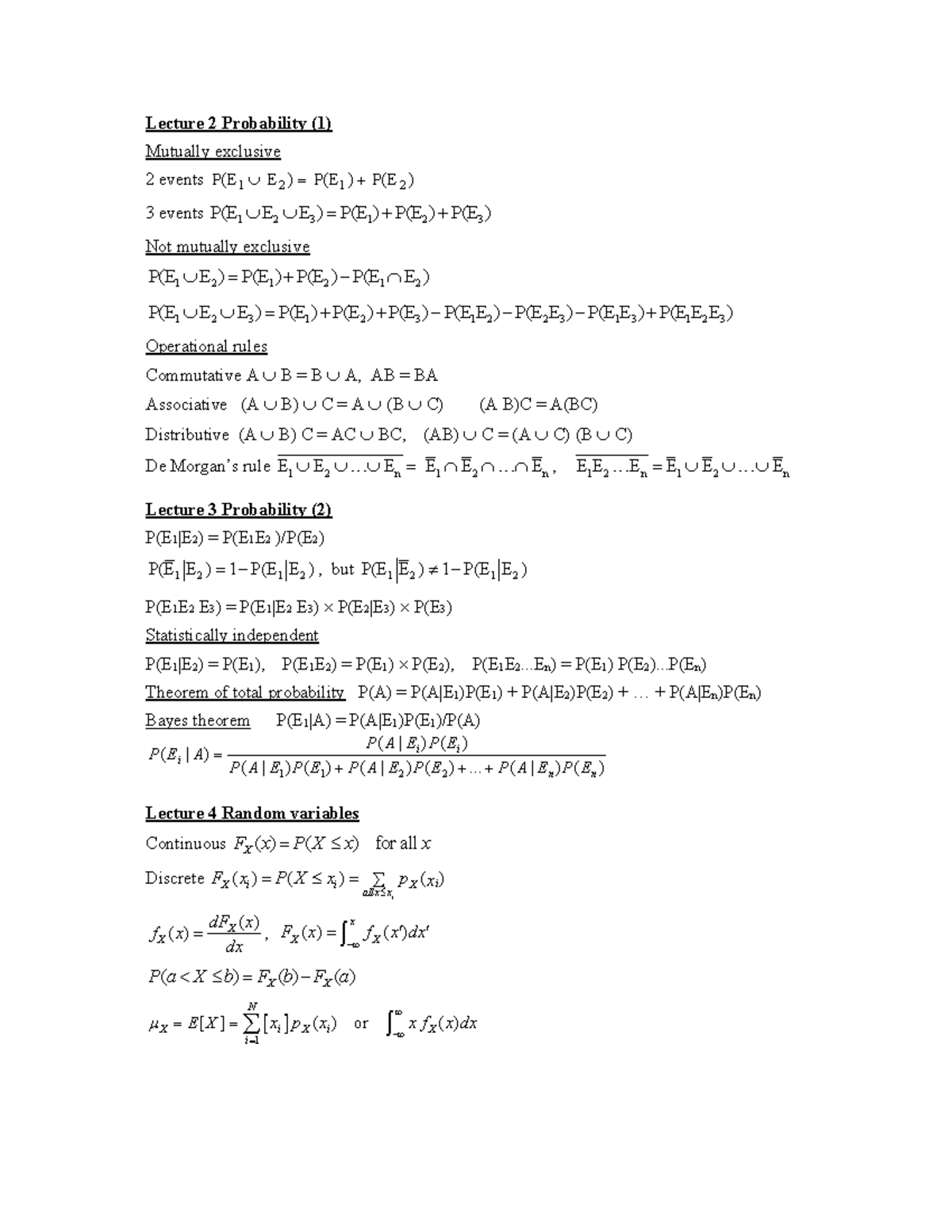 List of formulas (useful for exam) - Lecture 2 Probability (1) Mutually ...