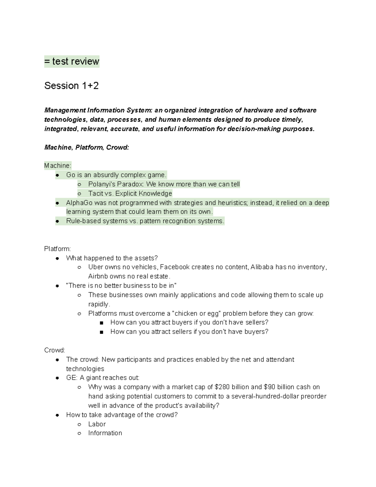 MIST 2090 Exams 1 and 2 notes = test review Session 1+ Management