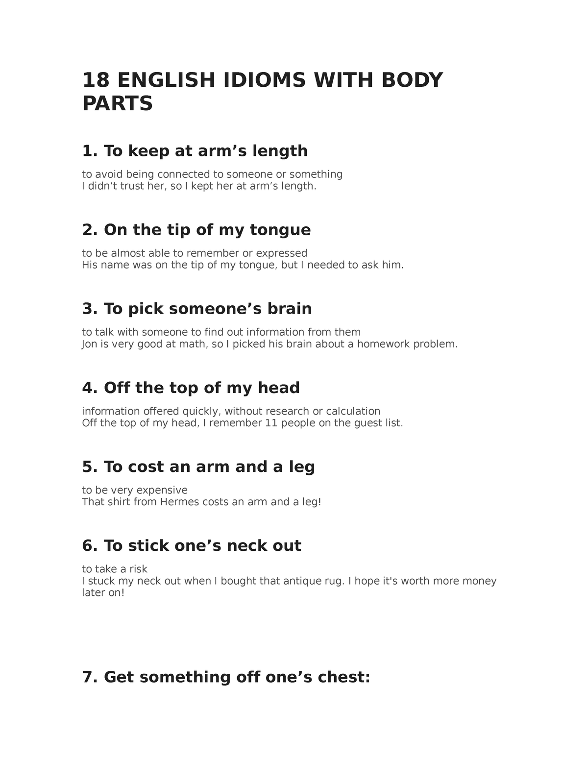 18 English Idioms WITH BODY Parts - 18 ENGLISH IDIOMS WITH BODY PARTS 1 ...