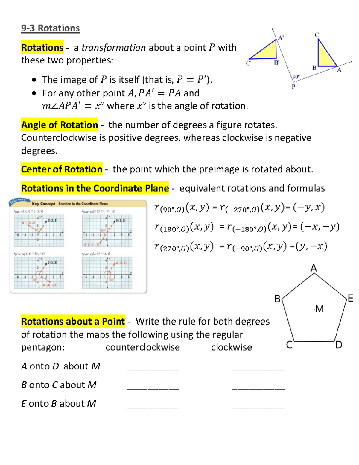 Hgeo teacher 9-3 - notes - 9-3 Rotations Rotations - a transformation ...