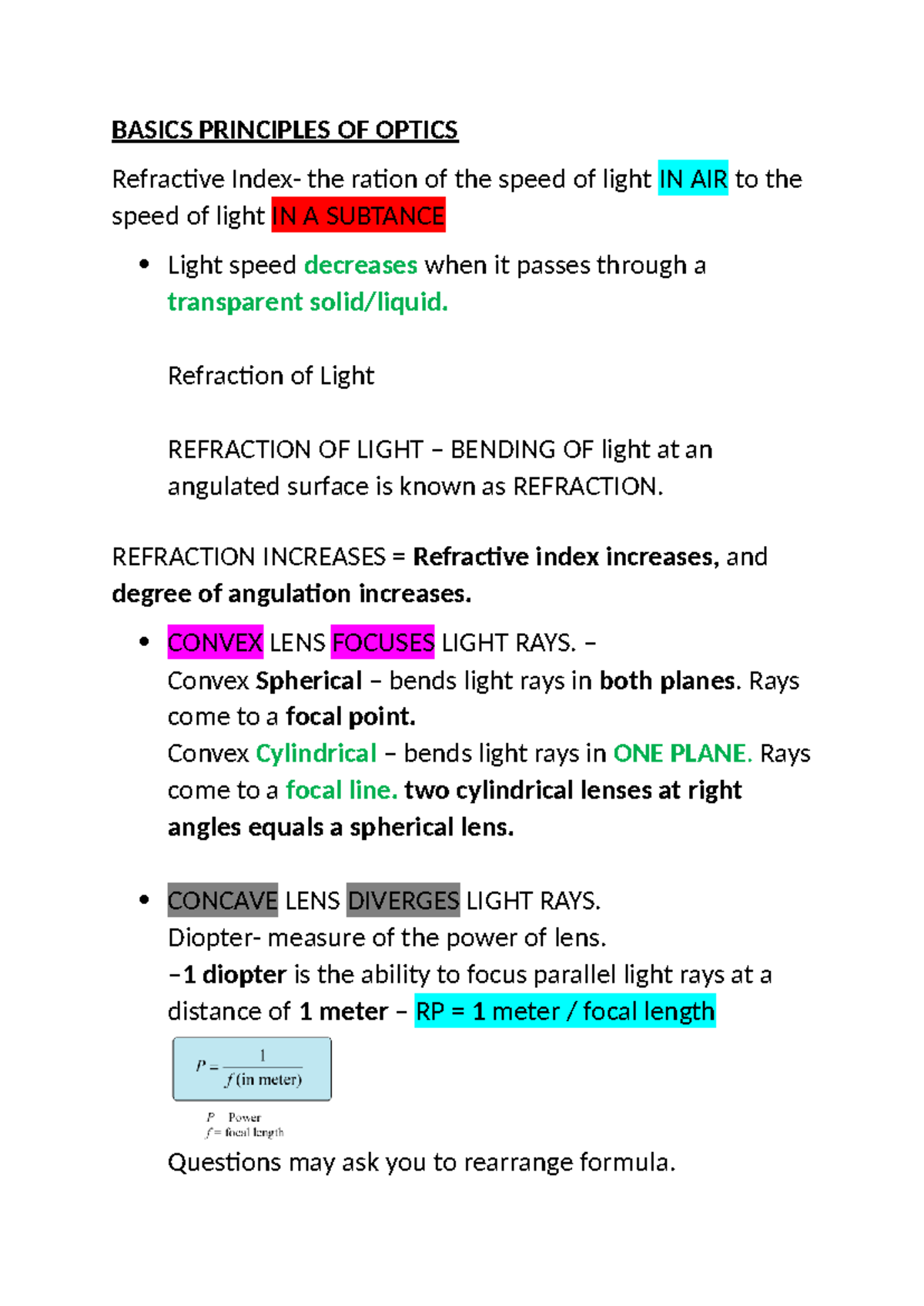 Basics Principles OF Optics - BASICS PRINCIPLES OF OPTICS Refractive ...