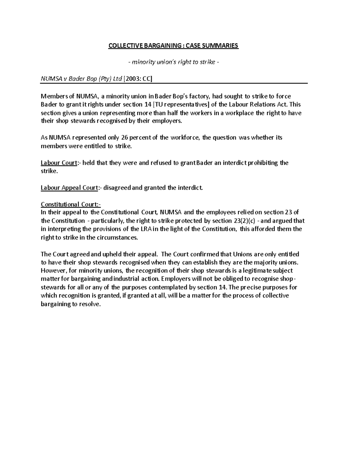 Collective bargaining case summaries - LLAB2614 - UFS UV - Studocu