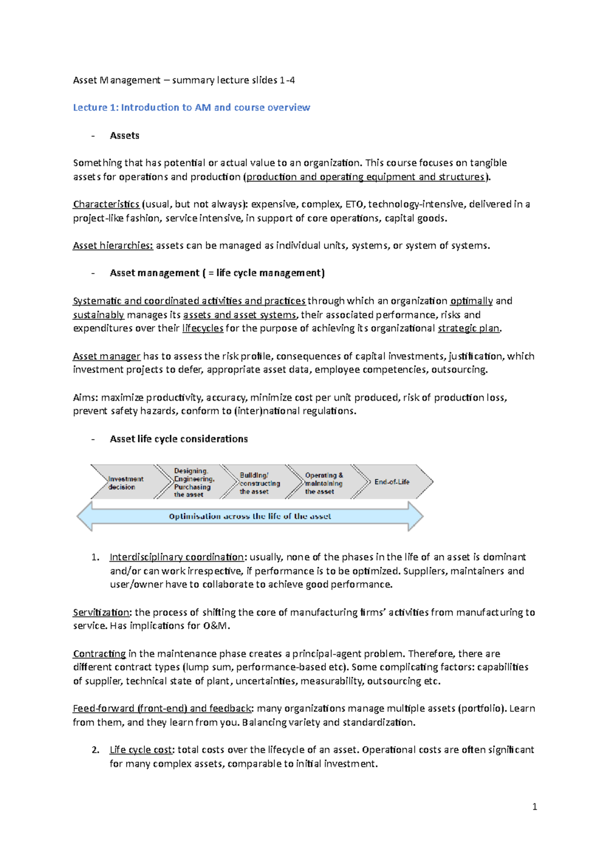 Summary slides - Asset Management – summary lecture slides 1-4 Lecture ...