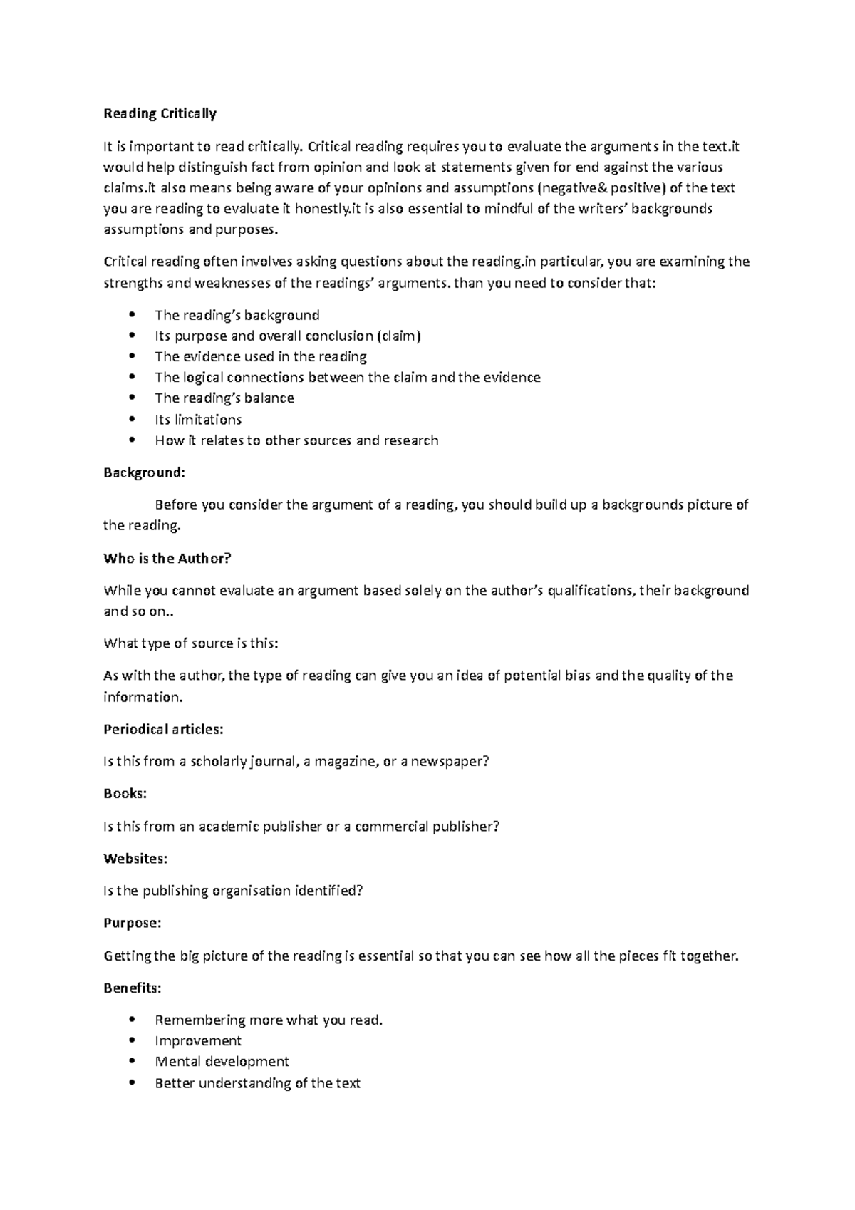 Reading Critically - Critical reading requires you to evaluate the ...