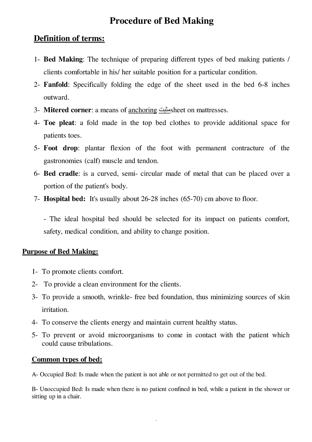 Bed Making-lab - b.sc nursi - Procedure of Bed Making Definition of ...