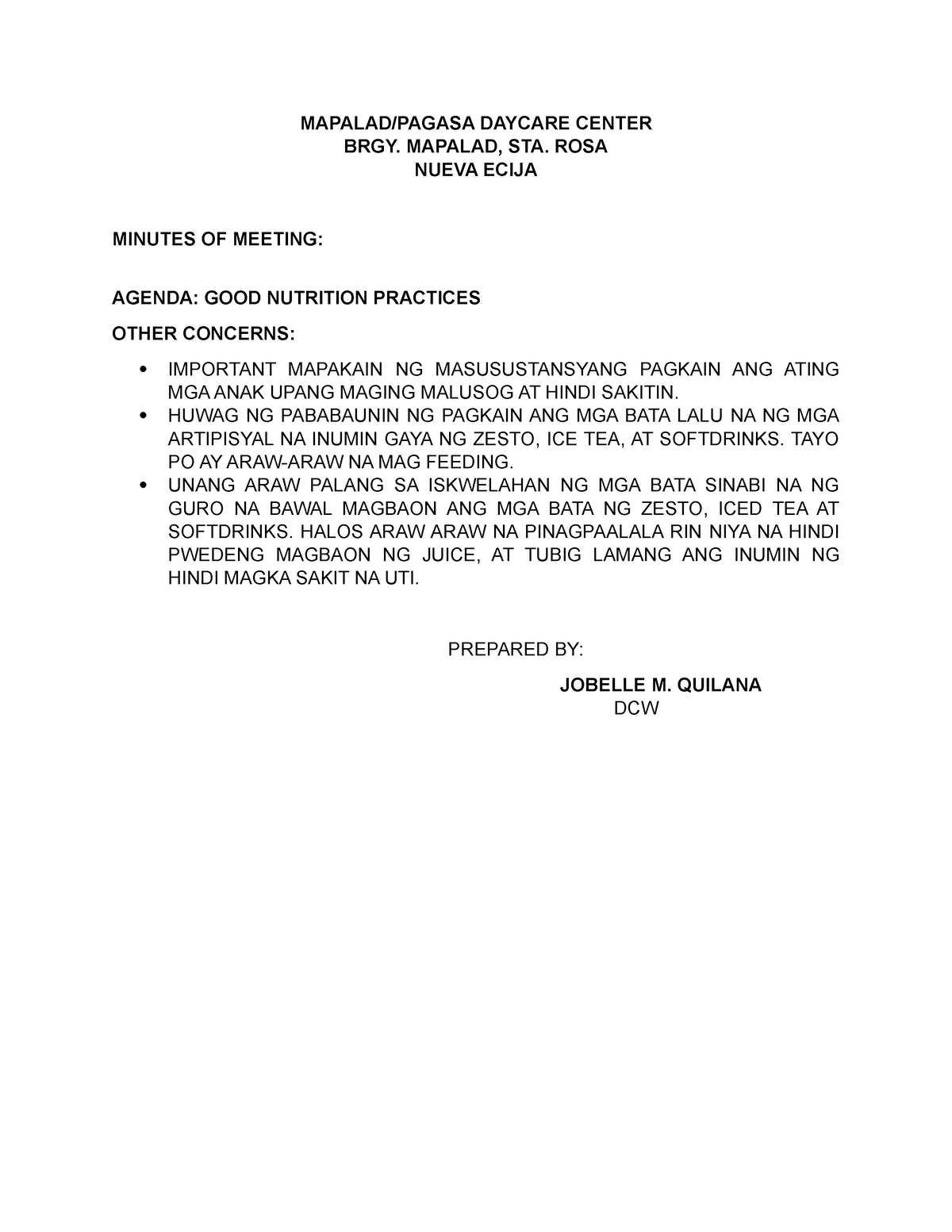 Minutes OF Meeting Sample format MAPALAD/PAGASA DAYCARE CENTER BRGY