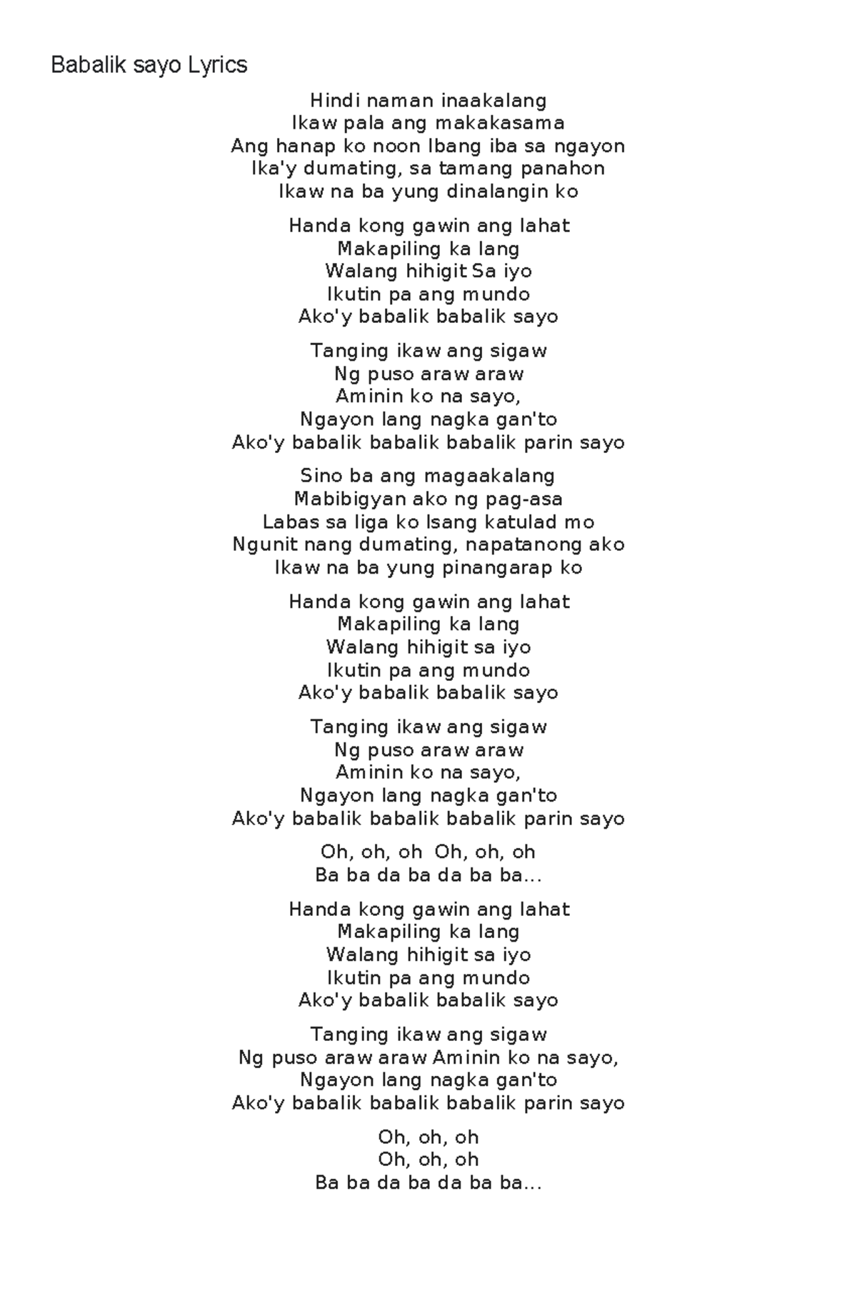 Babalik sayo Lyrics - Babalik sayo Lyrics Hindi naman inaakalang Ikaw ...