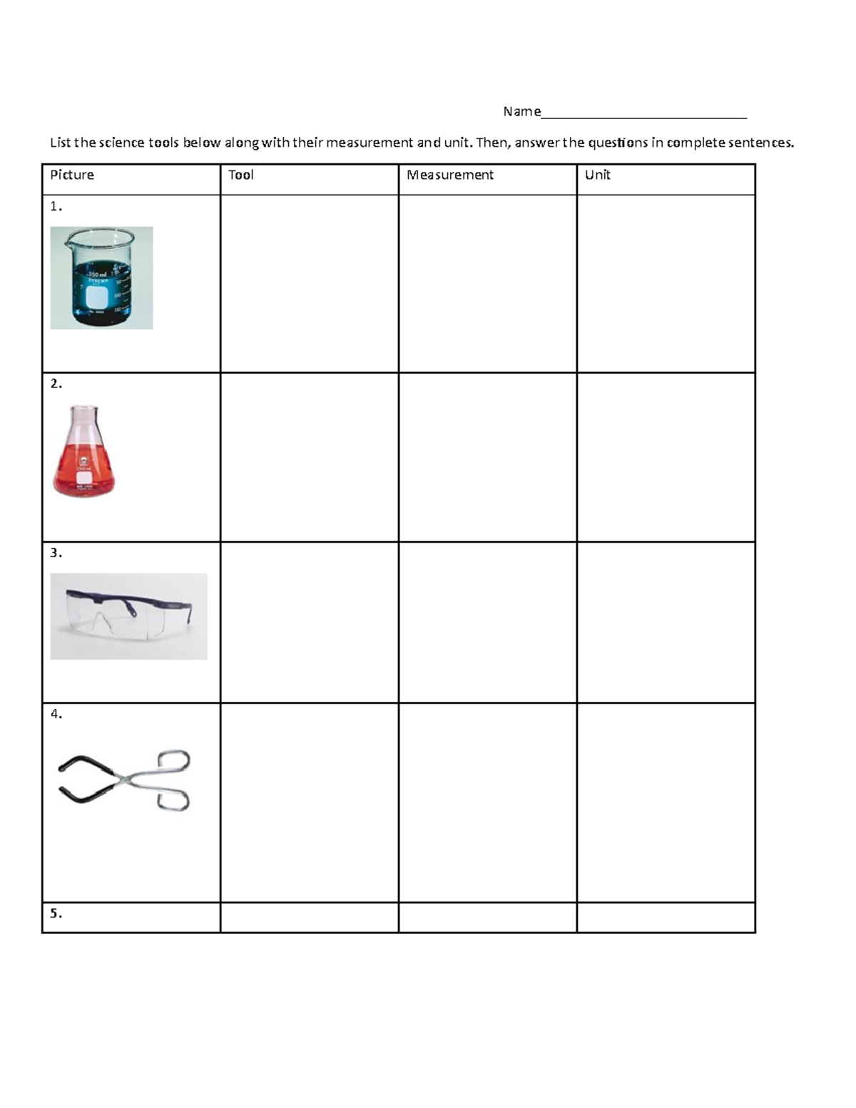 Science Tools Review - Name___________________________ List the science ...