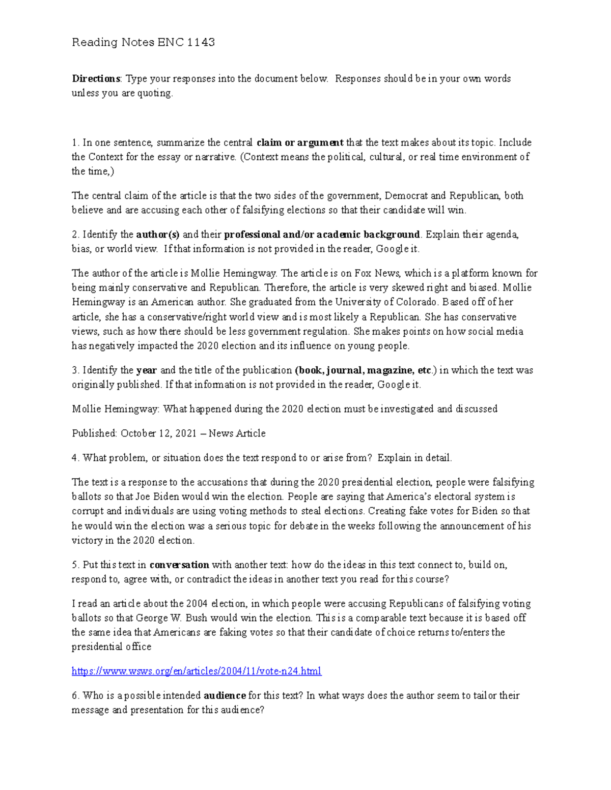 Reading worksheet mollie hemingway Reading Notes ENC 1143 Directions Type your responses