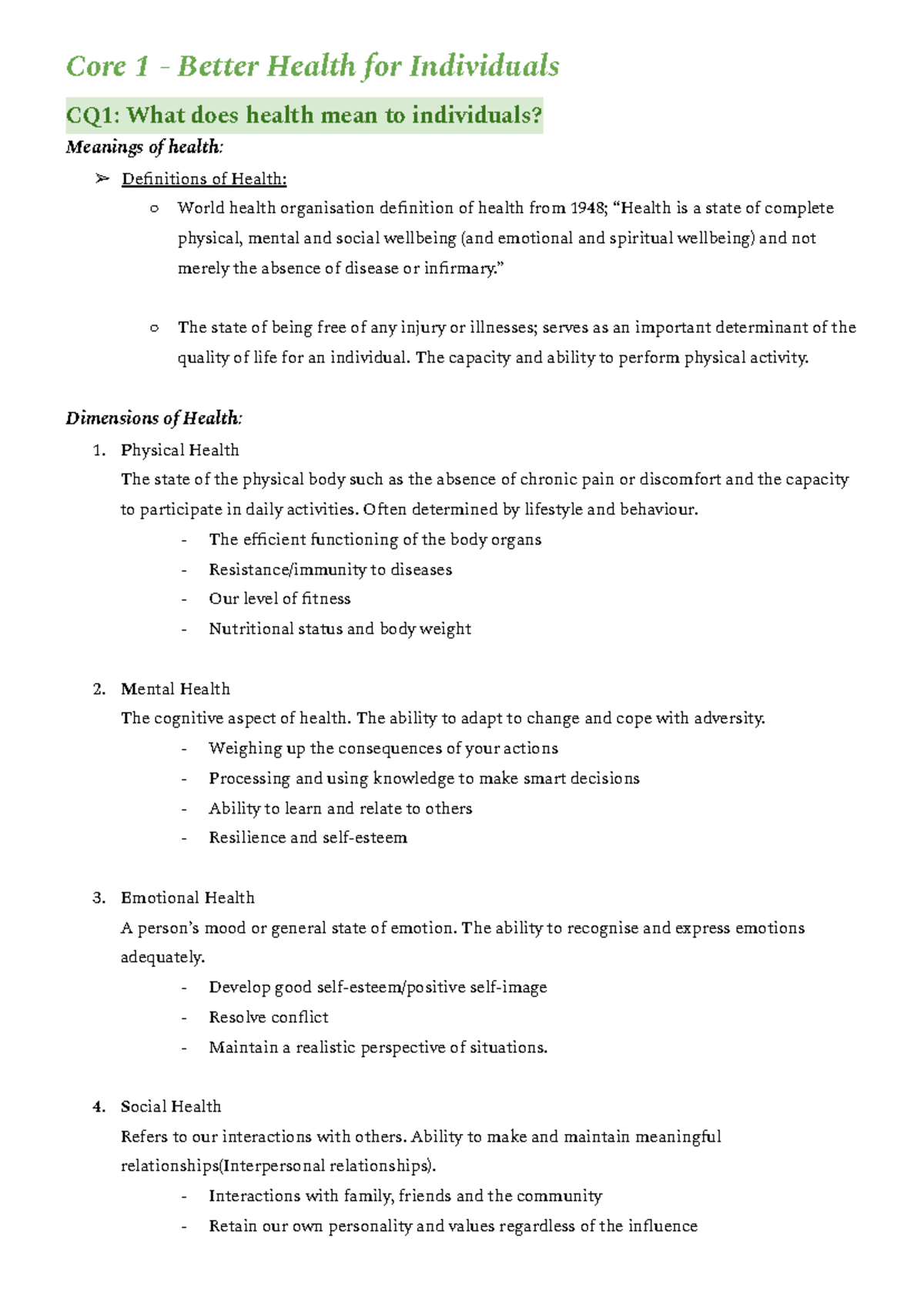 Pdhpe Prelim Full Notes - Core 1 - Better Health For Individuals CQ1 ...