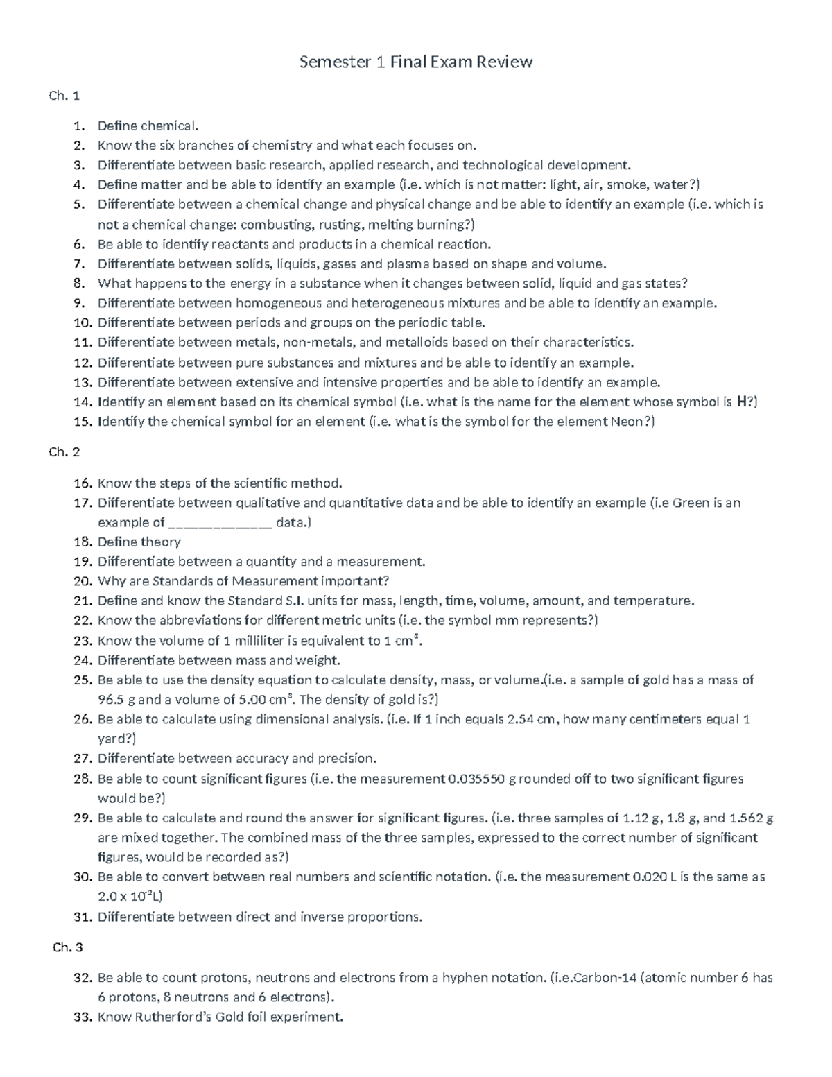 Semester 1 Final Exam Review new - Semester 1 Final Exam Review Ch. 1 1 ...