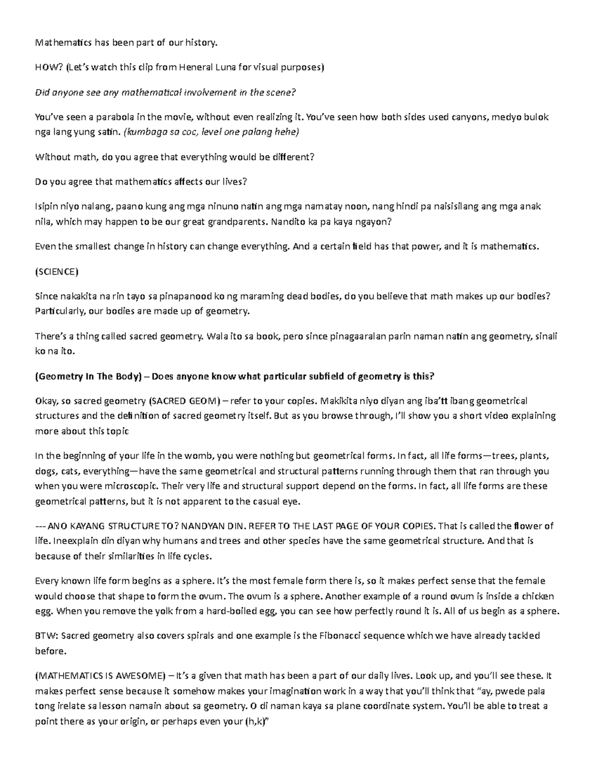 Script - Lecture notes 9 - Mathemaics has been part of our history. HOW ...