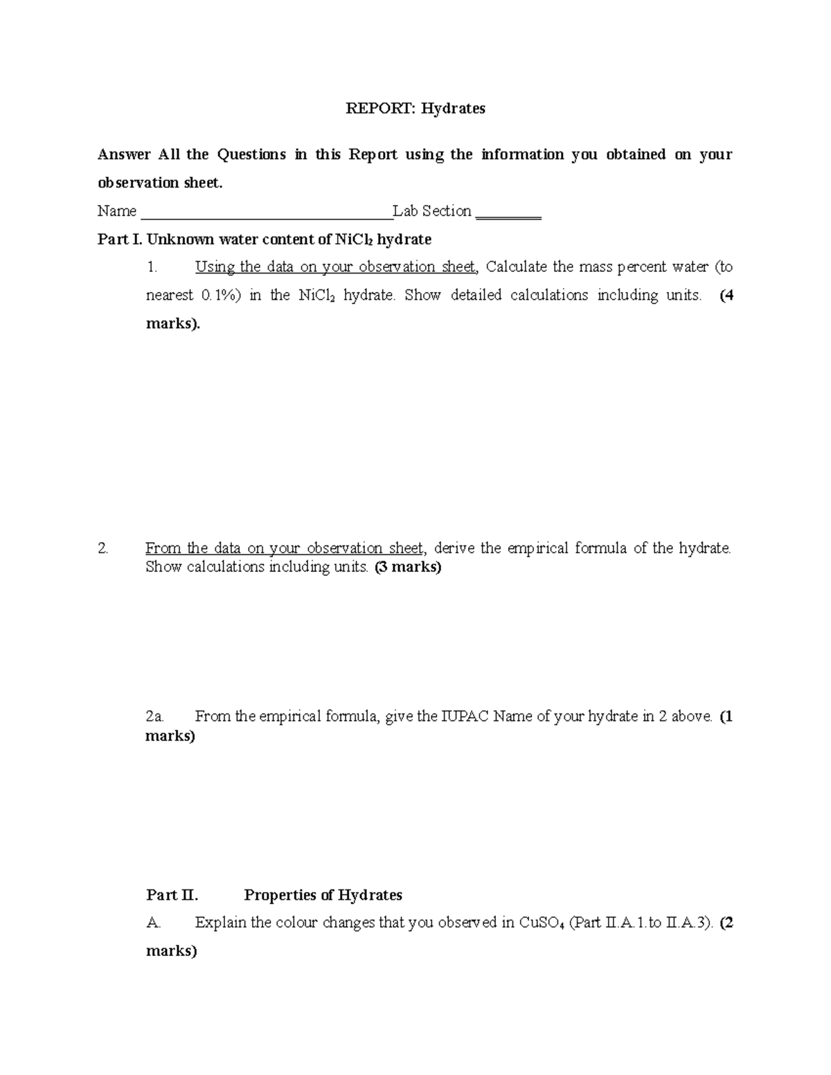 2. Hydrate Lab Report REPORT Hydrates Answer All the Questions in