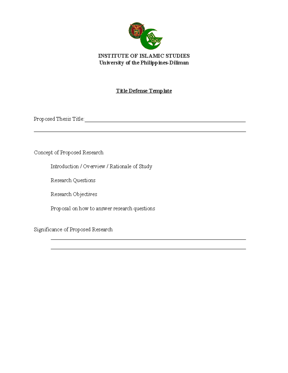 Title-defense-template - INSTITUTE OF ISLAMIC STUDIES University of the ...