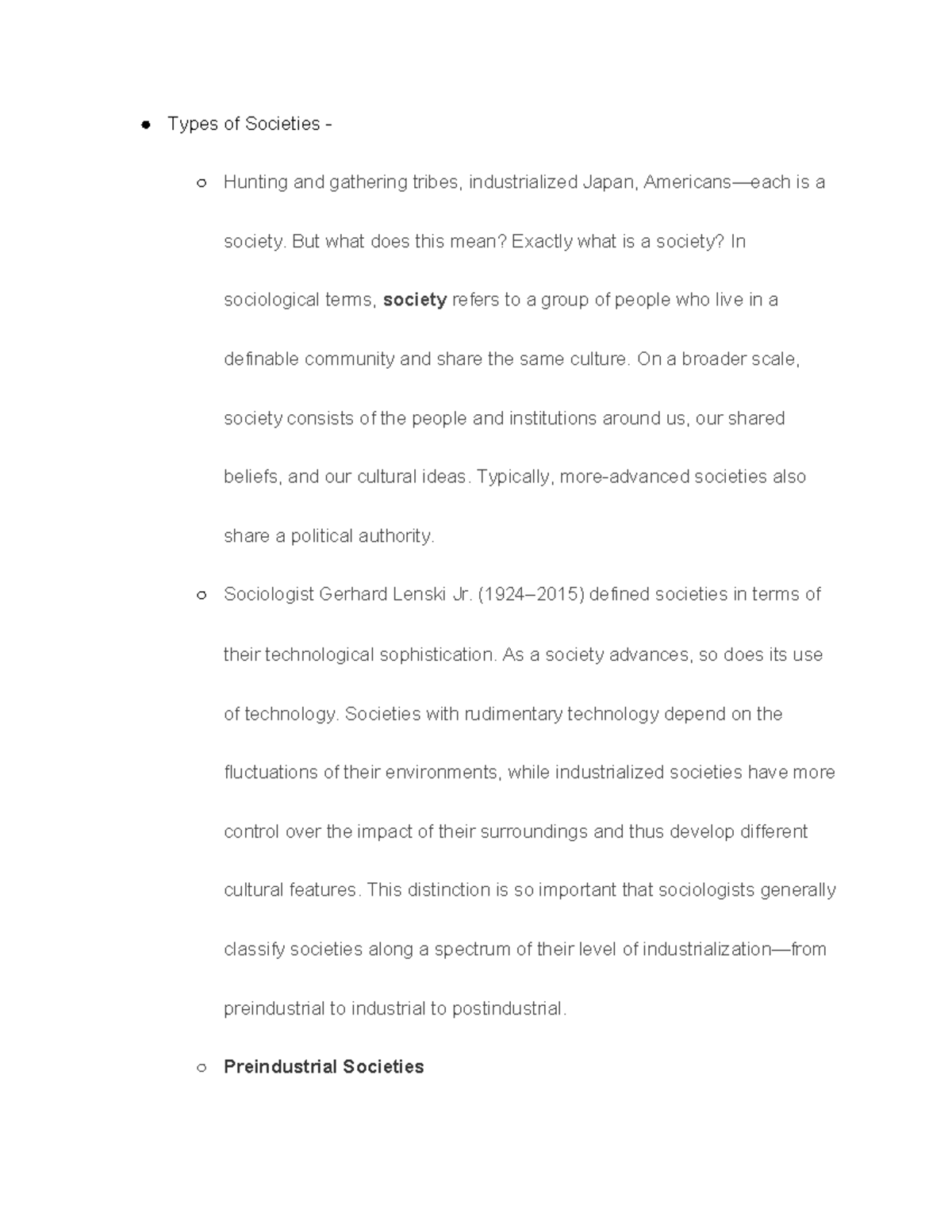 Sociology Chapter 4 Lecture notes 1318 Types of Societies