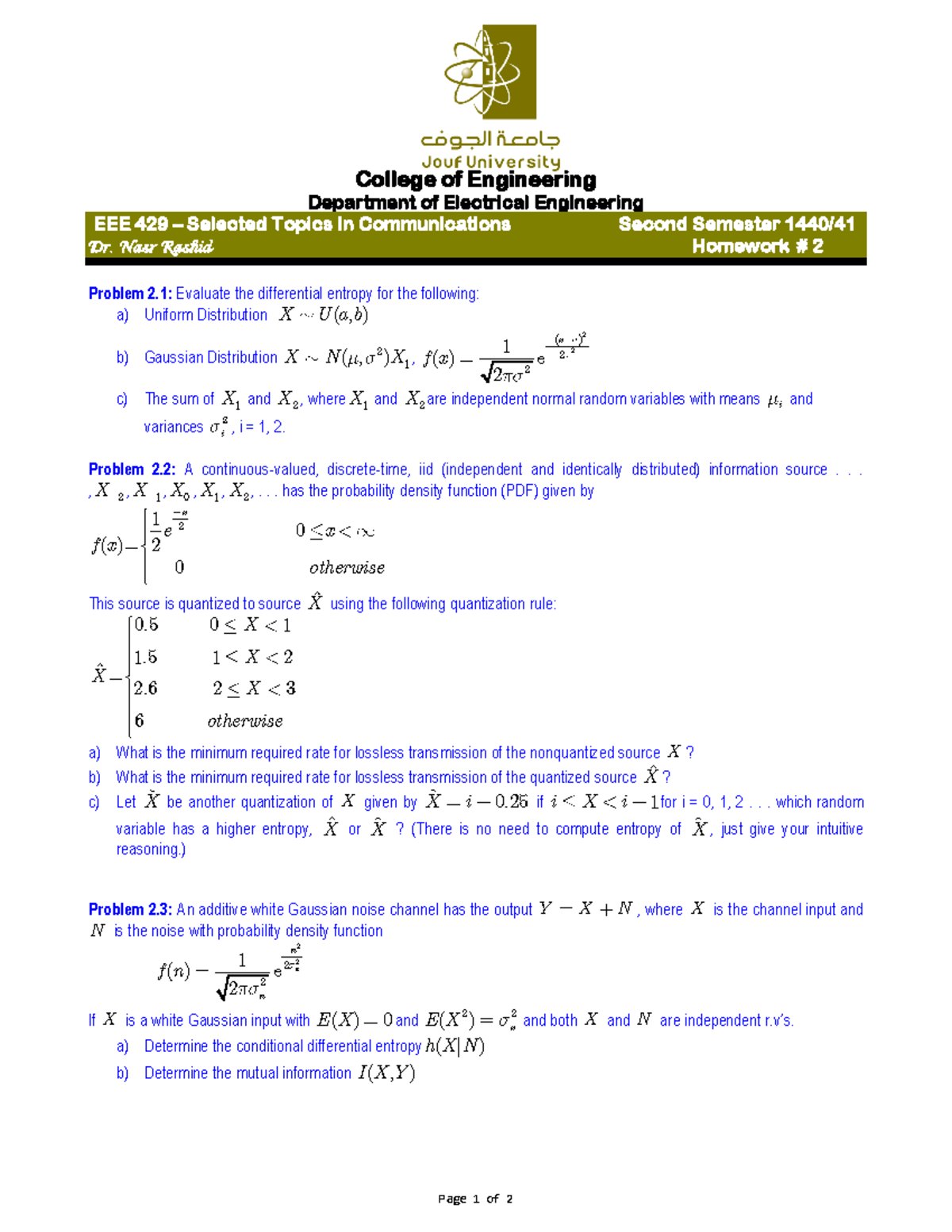 Homework 2 Entropy Page Of College Of Engineering Department Of Electrical Engineering Eee 429 Selected Topics In Communications Second Semester 440 Dr Nasr Studocu