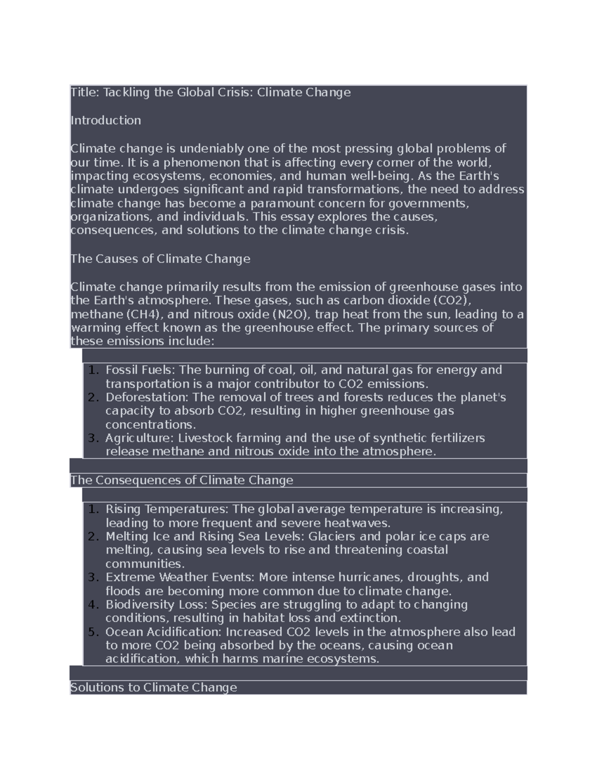 Climatechange - sample idea - Title: Tackling the Global Crisis ...