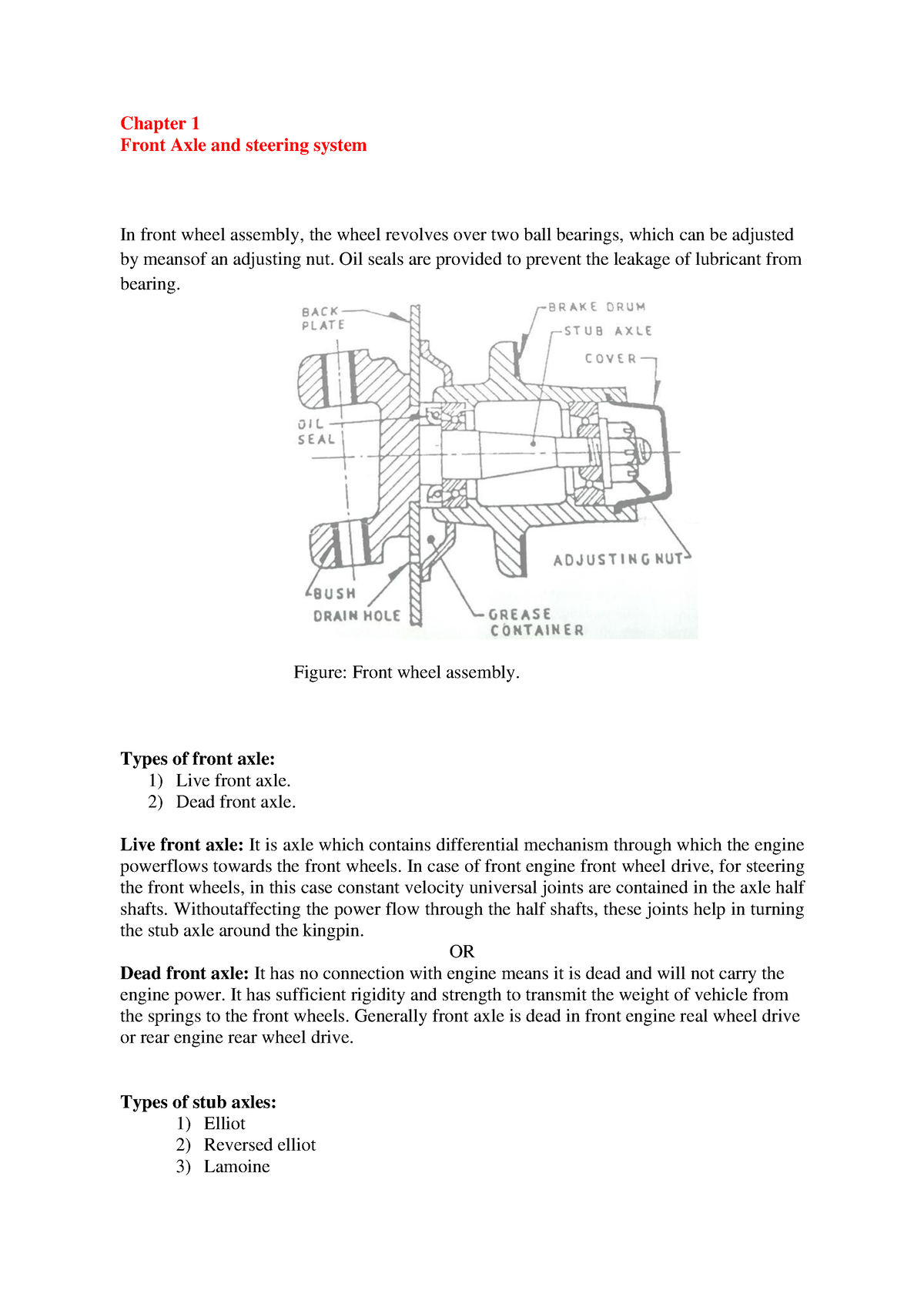 ASB Notes - Chapter 1 Front Axle and steering system In front wheel ...