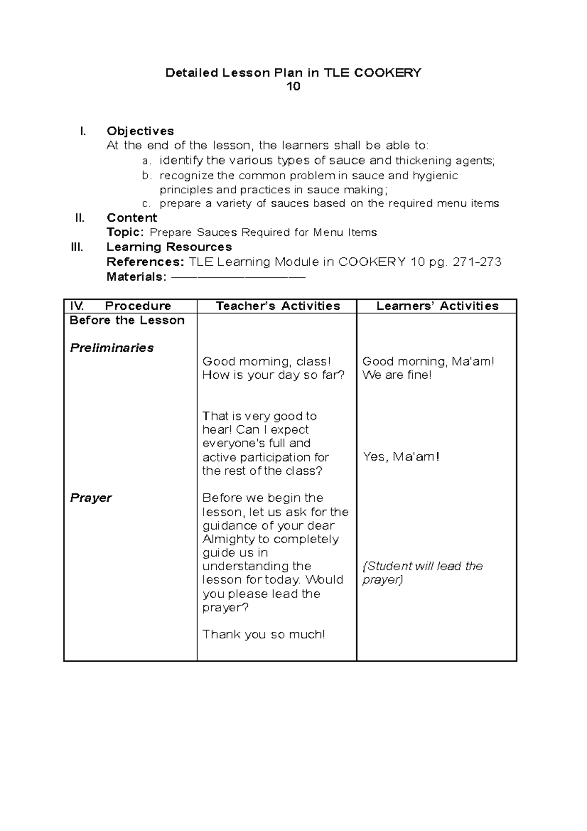 Prepare Sauces Required for Menu Items123 Detailed Lesson Plan in TLE