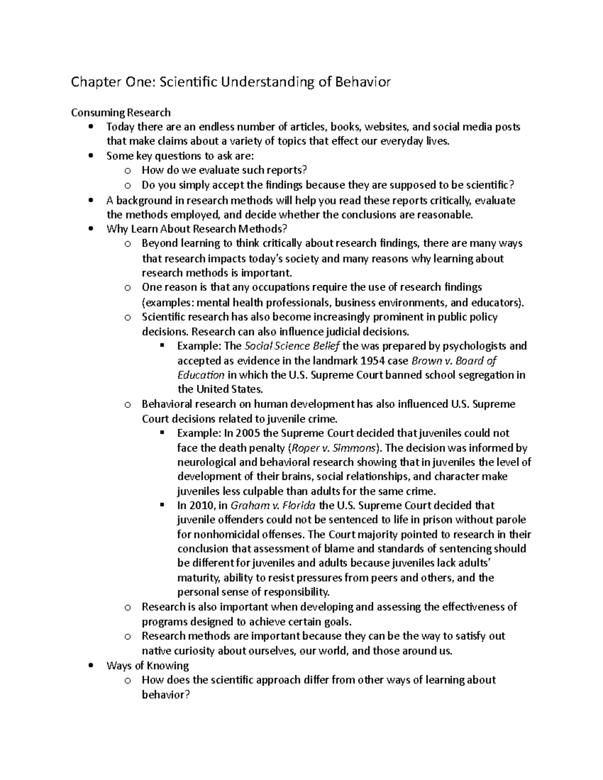 PSY 290 Chapter One Notes - Chapter One: Scientific Understanding of ...