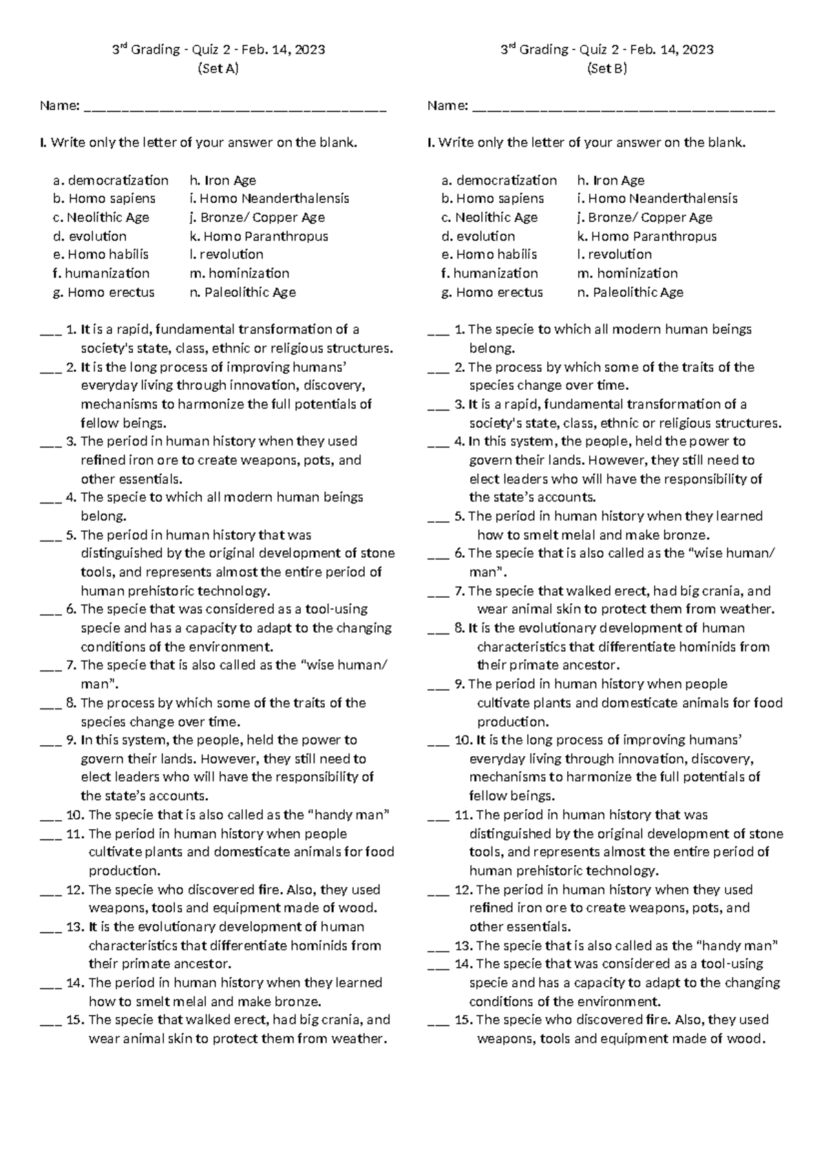 3GP- Q2-UCSP - 3 rd Grading - Quiz 2 - Feb. 14, 2023 (Set A) Name ...