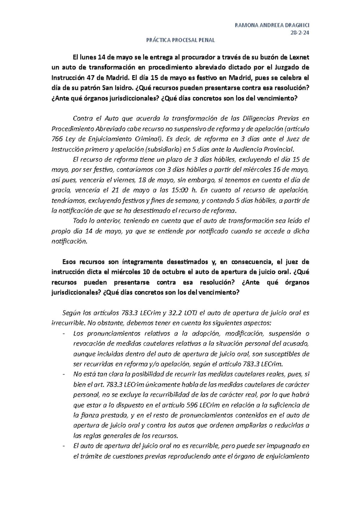 Práctica 3 Procesal Penal - RAMONA ANDREEA DRAGHICI 28 - 2 - 24 ...