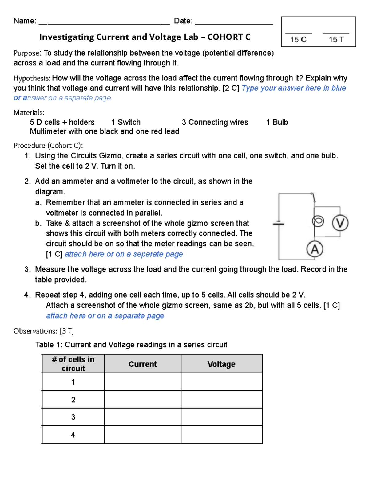 Investigating Current and Voltage Lab Cohort C - Name ...