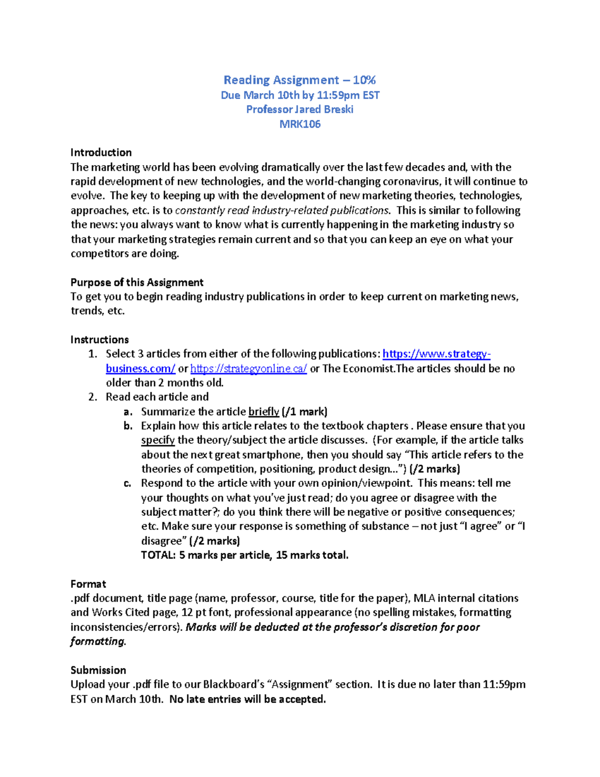 Individual Reading Assignment - W24 - MRK106SAA - Reading Assignment ...