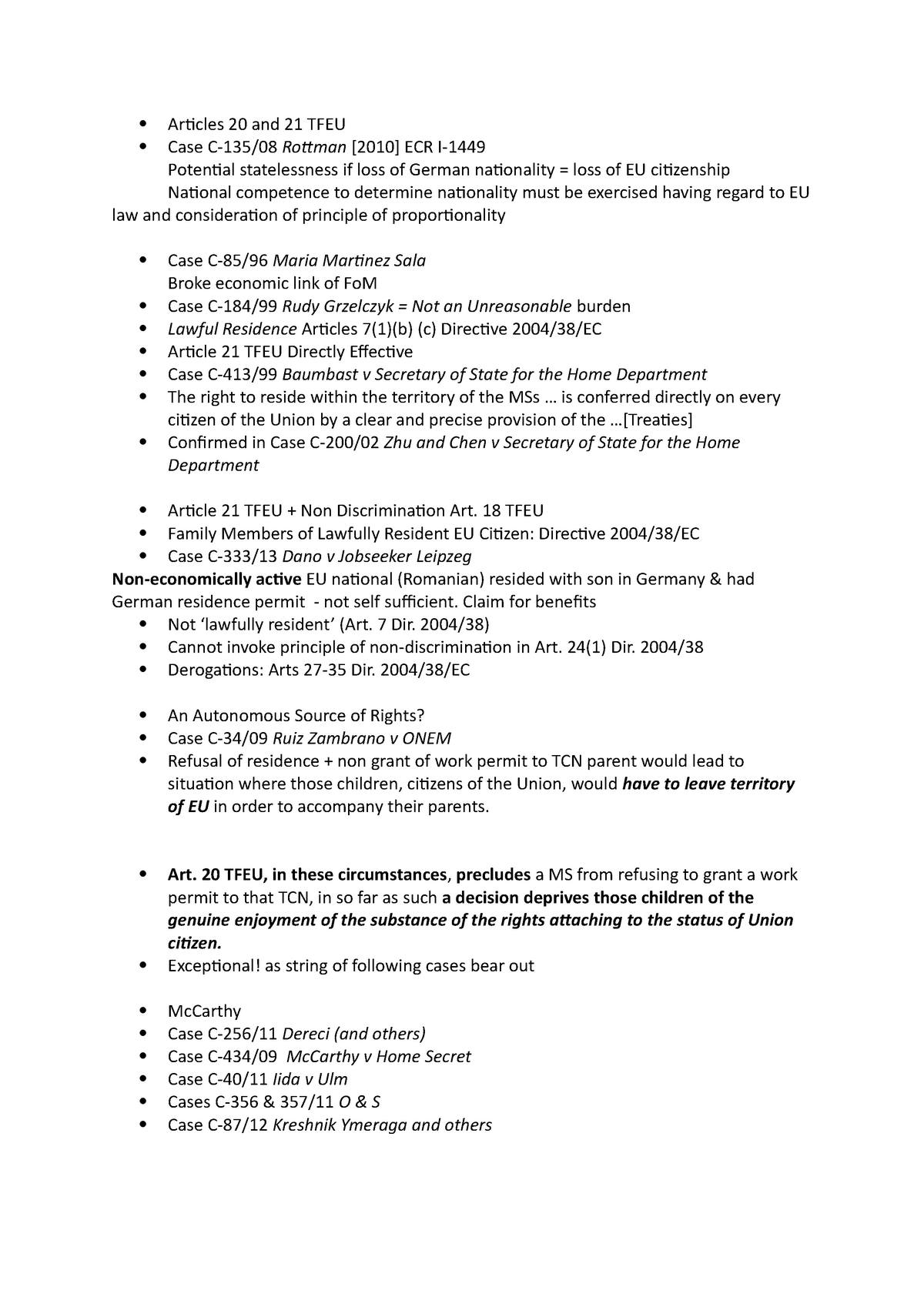 Eu 3 - Lecture notes 14 - Articles 20 and 21 TFEU Case C-135/08 Rottman ...