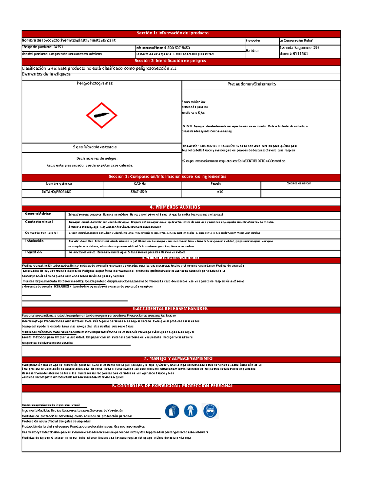 Translate Premixslip Instrument Lubricant SDS Sección 1 información