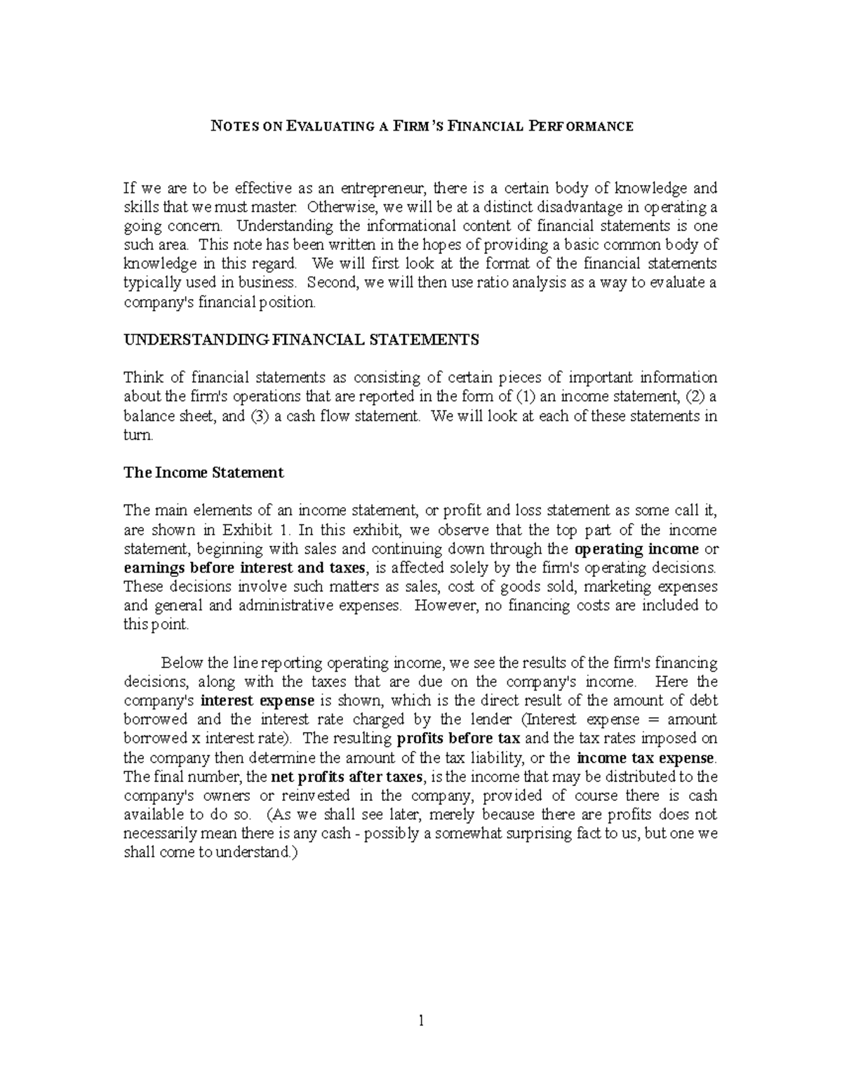 Notes on Evaluating Fin Performance - NOTES ON EVALUATING A FIRM’S ...